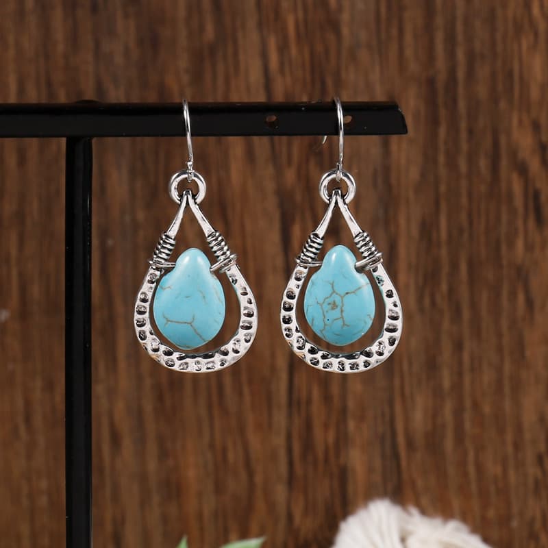Aros para mujer vintage en forma de lágrima de turquesa con alambre envuelto