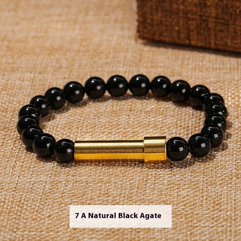 Natural Stone Titanium Steel Gold Round Tube Bracelet