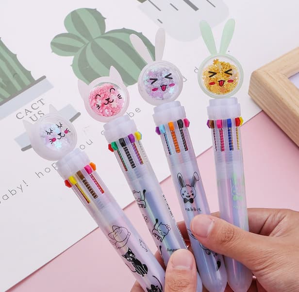 Koreanischer Instagram-inspirierter 10-Farb-Clicky-Glitter-Kugelschreiber mit Bunny- und Kitty-Design
