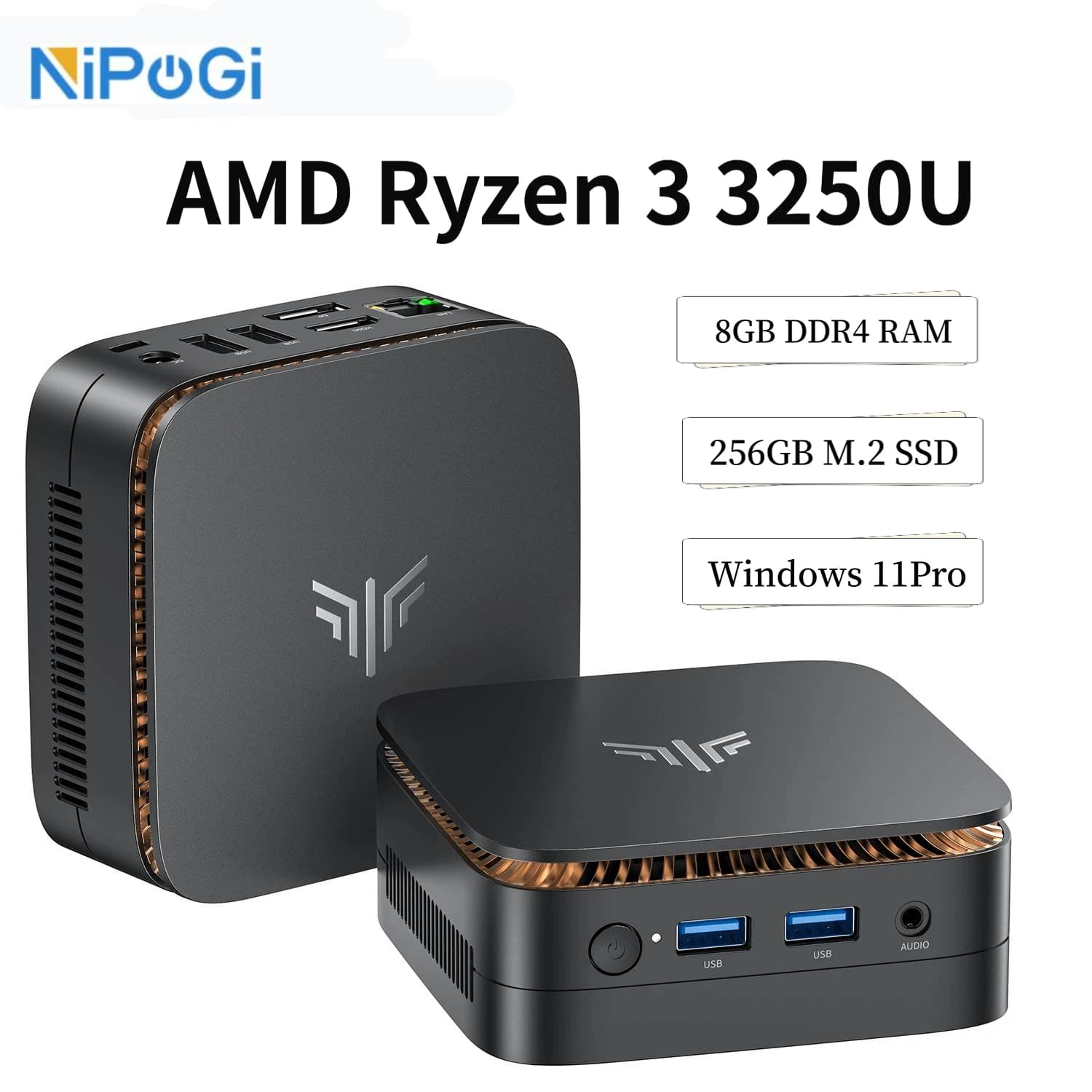 NIPOGI Mini-PC AMD Ryzen 3 3250U Desktop-Mini-Computer 8GB RAM 256GB M.2 SSD WiFi 5, BT 4.2, Dual 4K Display Windows 11 Pro