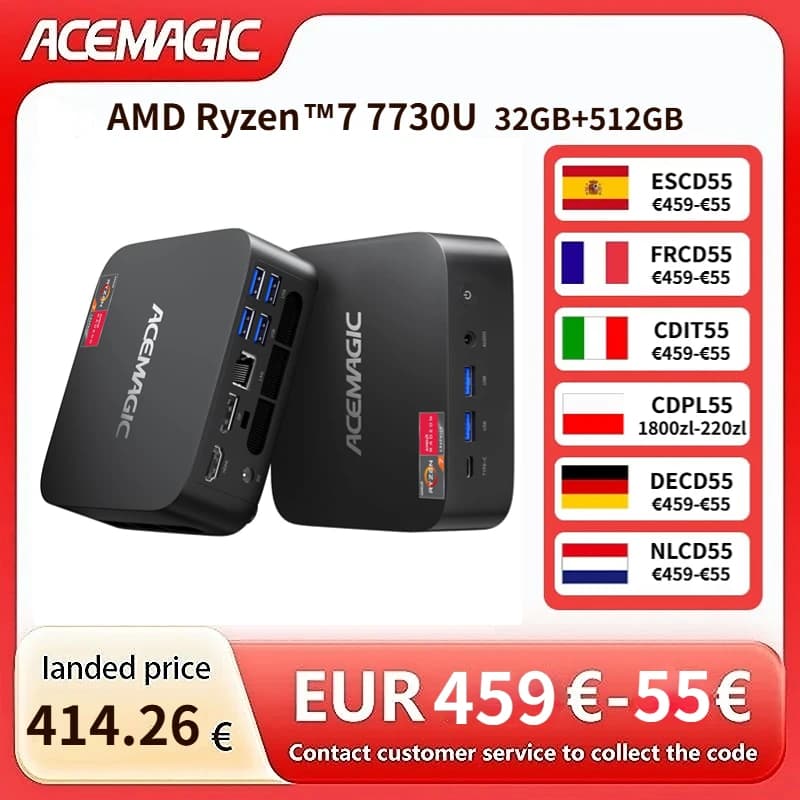 ACEMAGIC Mini PC with 32GB RAM, 512GB SSD, AMD Ryzen 7 7730U and Triple 4K Monitor Support