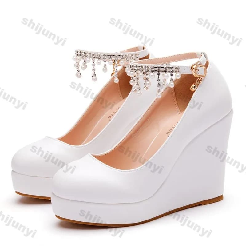 Chaussures à semelles compensées blanches de 11cm pour femmes, chaussures à talons hauts fluides avec pompon, grande taille 42 pour fête de mariage