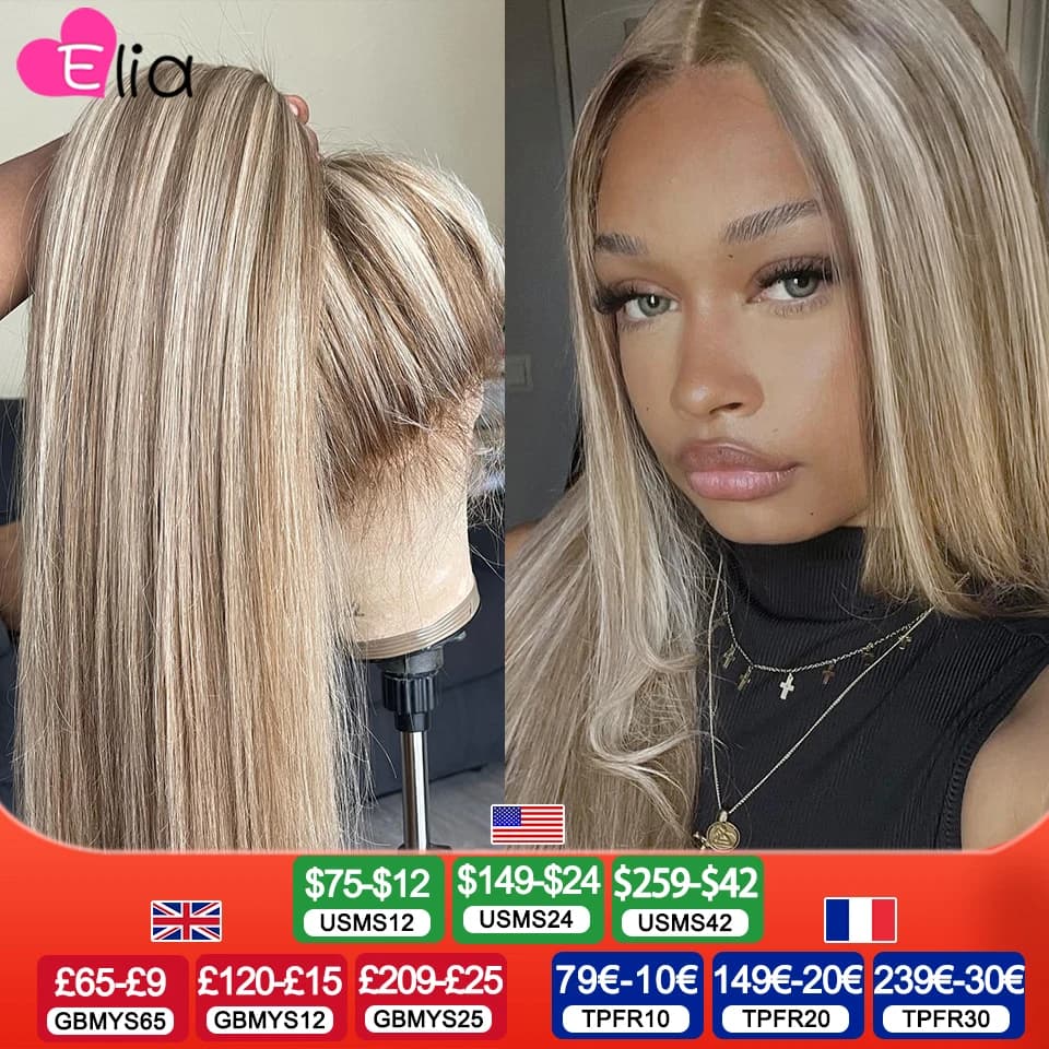 13x4 13x6 جذور بنية Highlight Wigs للنساء Transparent Lace Front Wig شعر بشري مهيأ مسبقًا Highlight 613 Lace Frontal Wig