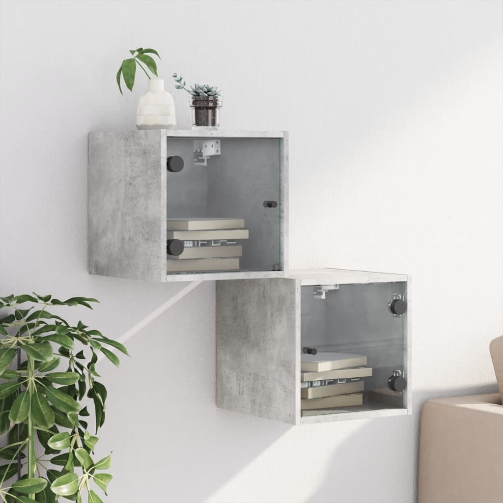 Nachttische mit Glastüren, 2er-Set, betongrau