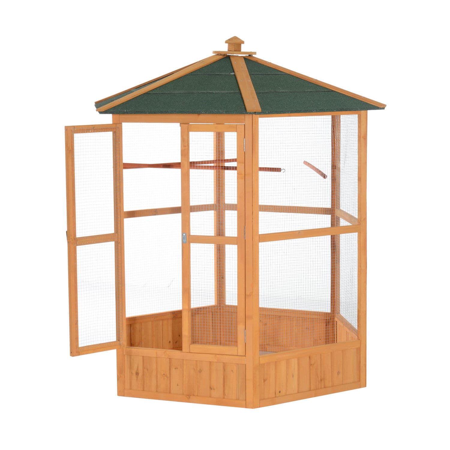 Cage per uccelli in legno esagonale da 69" per esterno con tetto coperto, marrone