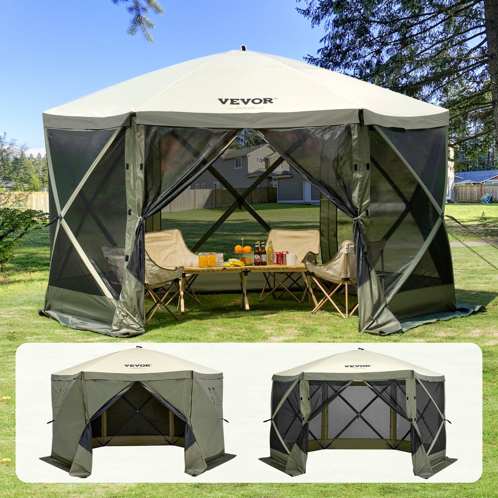 Carpa pabellón emergente, carpa emergente con dosel de 6 lados, protección solar con 6 cortavientos de privacidad desmontables y Ne