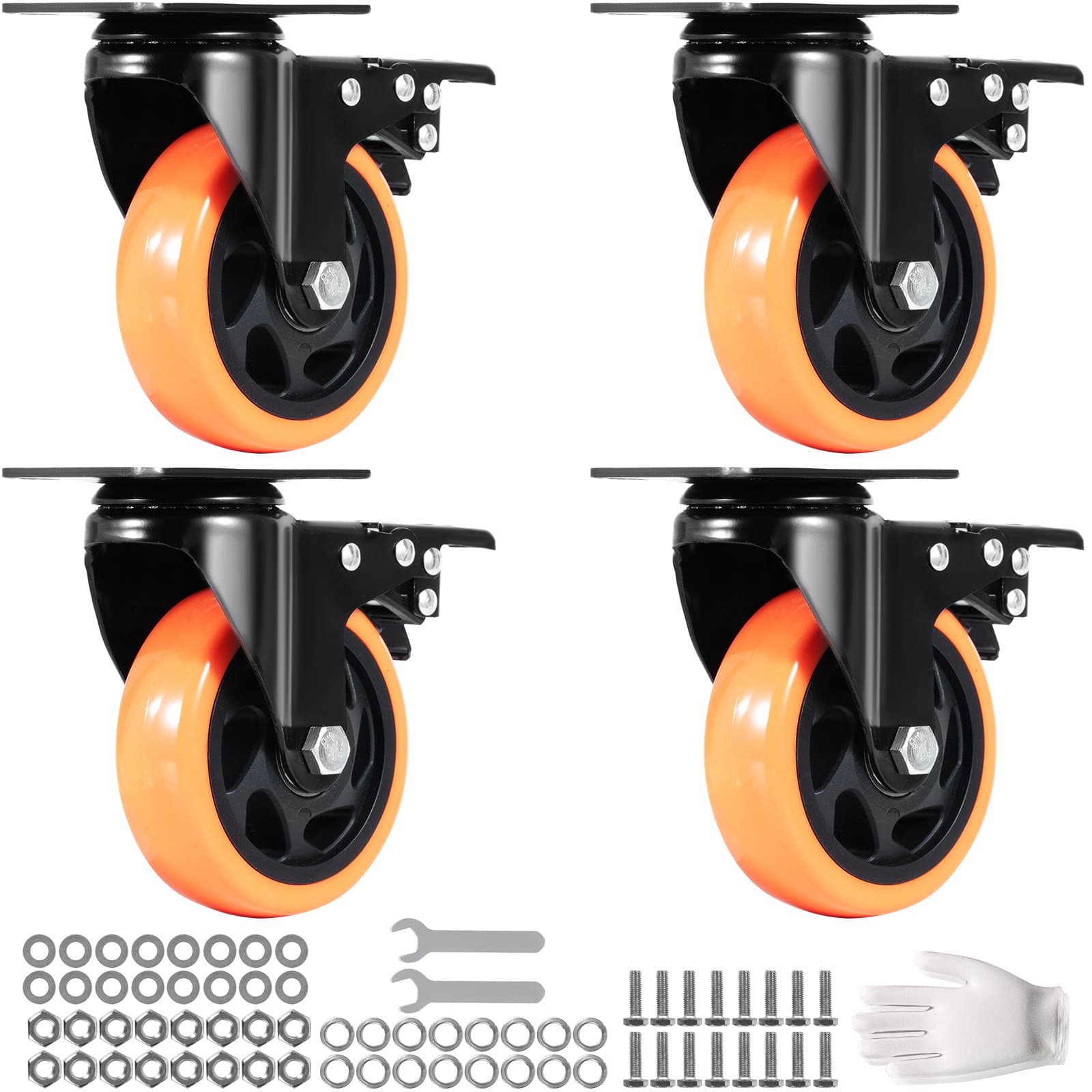 Möbelrollen 4er-Set Lenkrollen PVC Φ101,6 mm 635 kg mit A/B-Bremsen