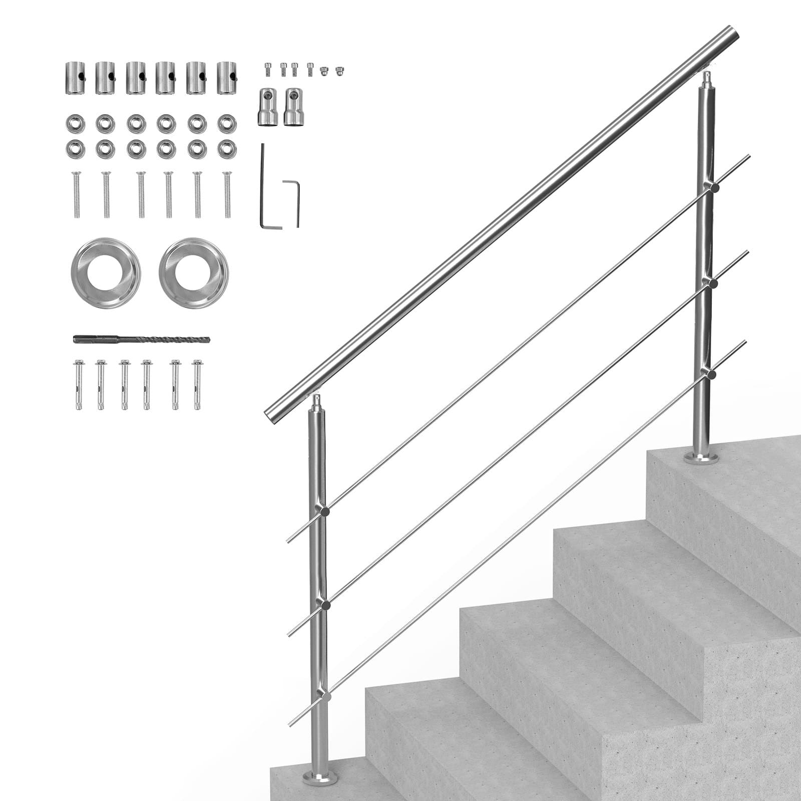 Pasamanos para escaleras exteriores, 150 cm, 3 barras, acero inoxidable