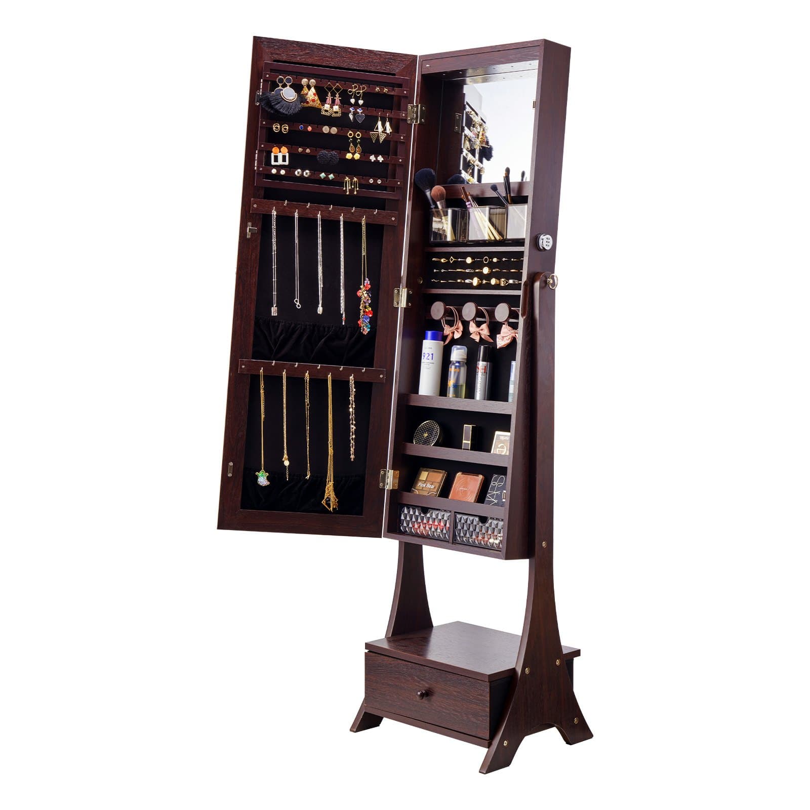 Spiegel-Schmuckschrank, Standspiegel mit Aufbewahrung, braun