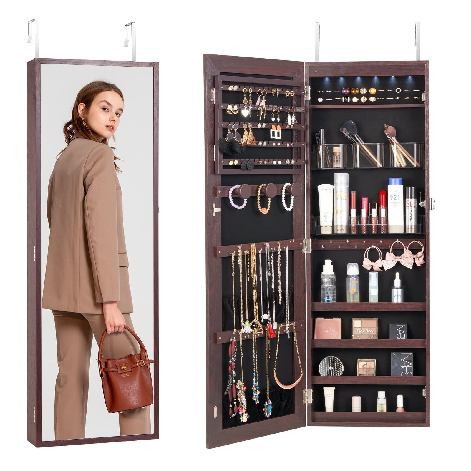 Abschließbarer Schmuckschrank mit Ganzkörperspiegel, 108 cm, Braun