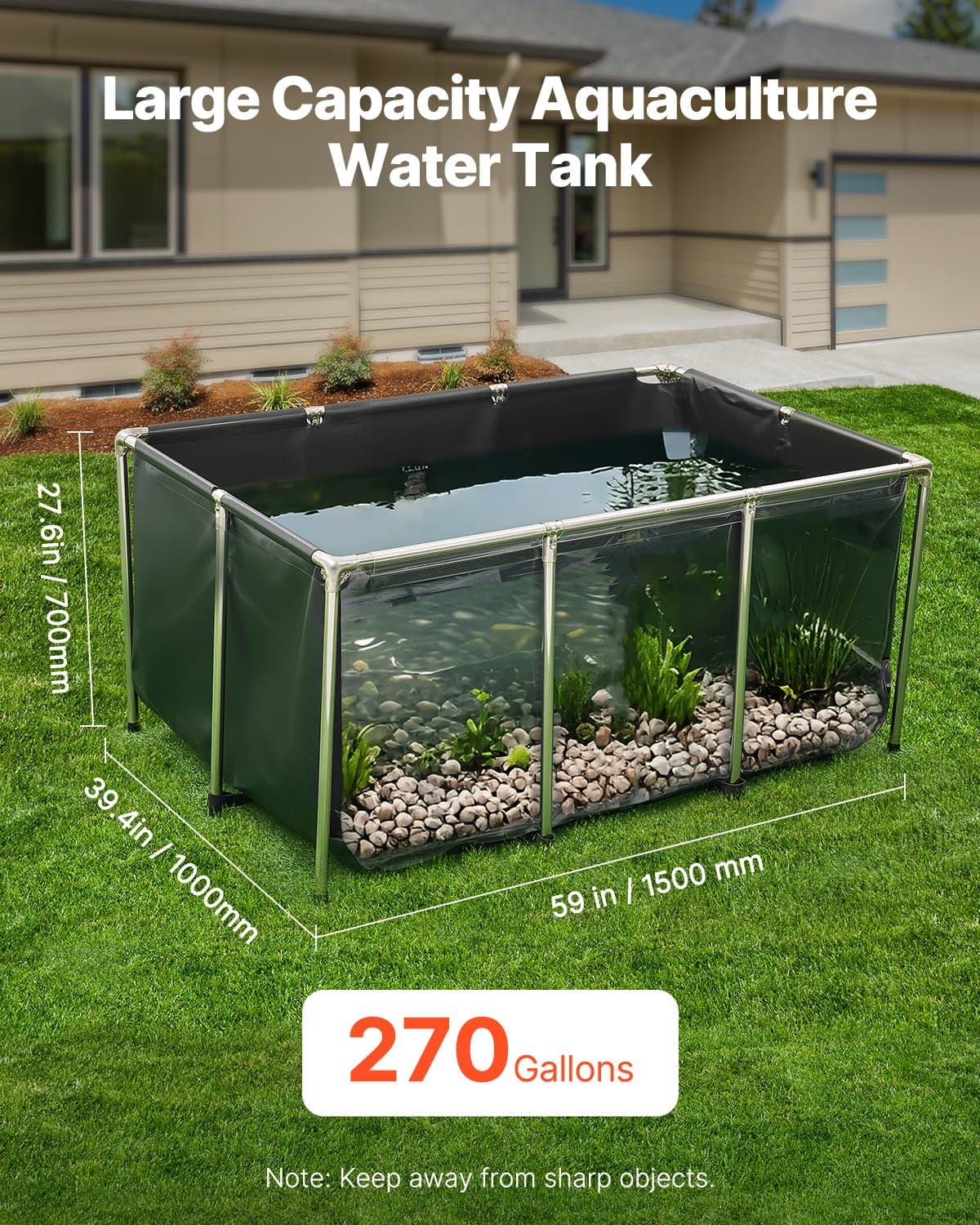 Étang à poissons en toile, réservoir d'eau d'élevage de 1023,3 L, bassin à koïs en PVC avec fenêtre transparente, aquarium avec acier inoxydable