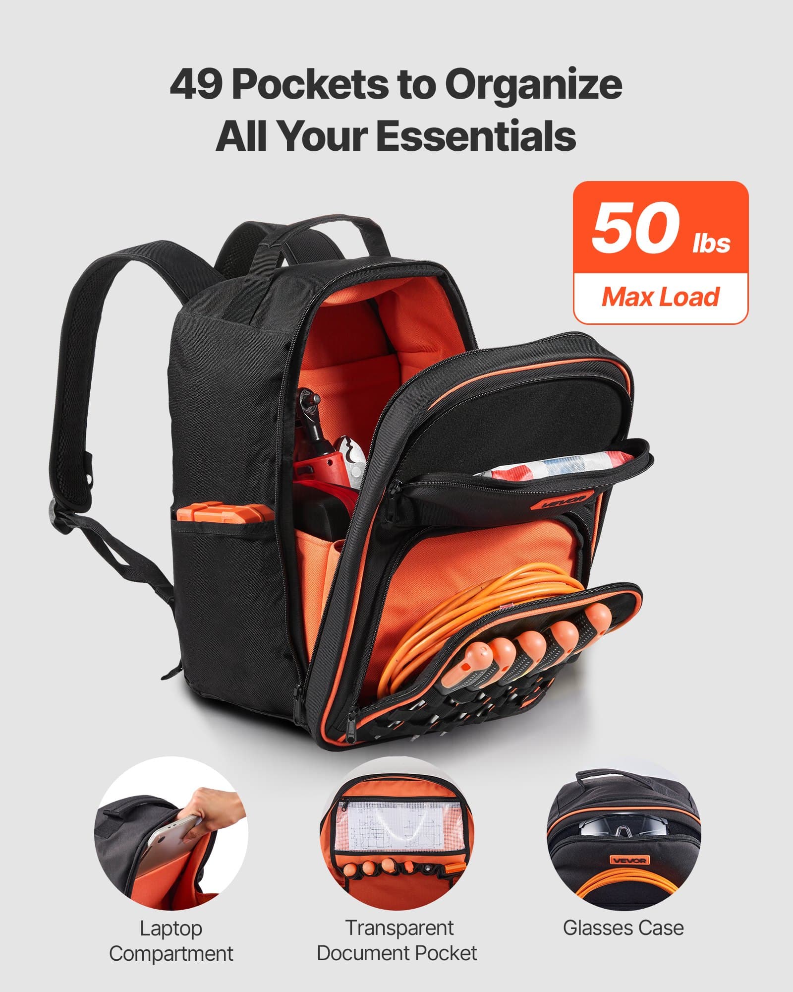 Werkzeugrucksack mit 49 Taschen und Laptopfach