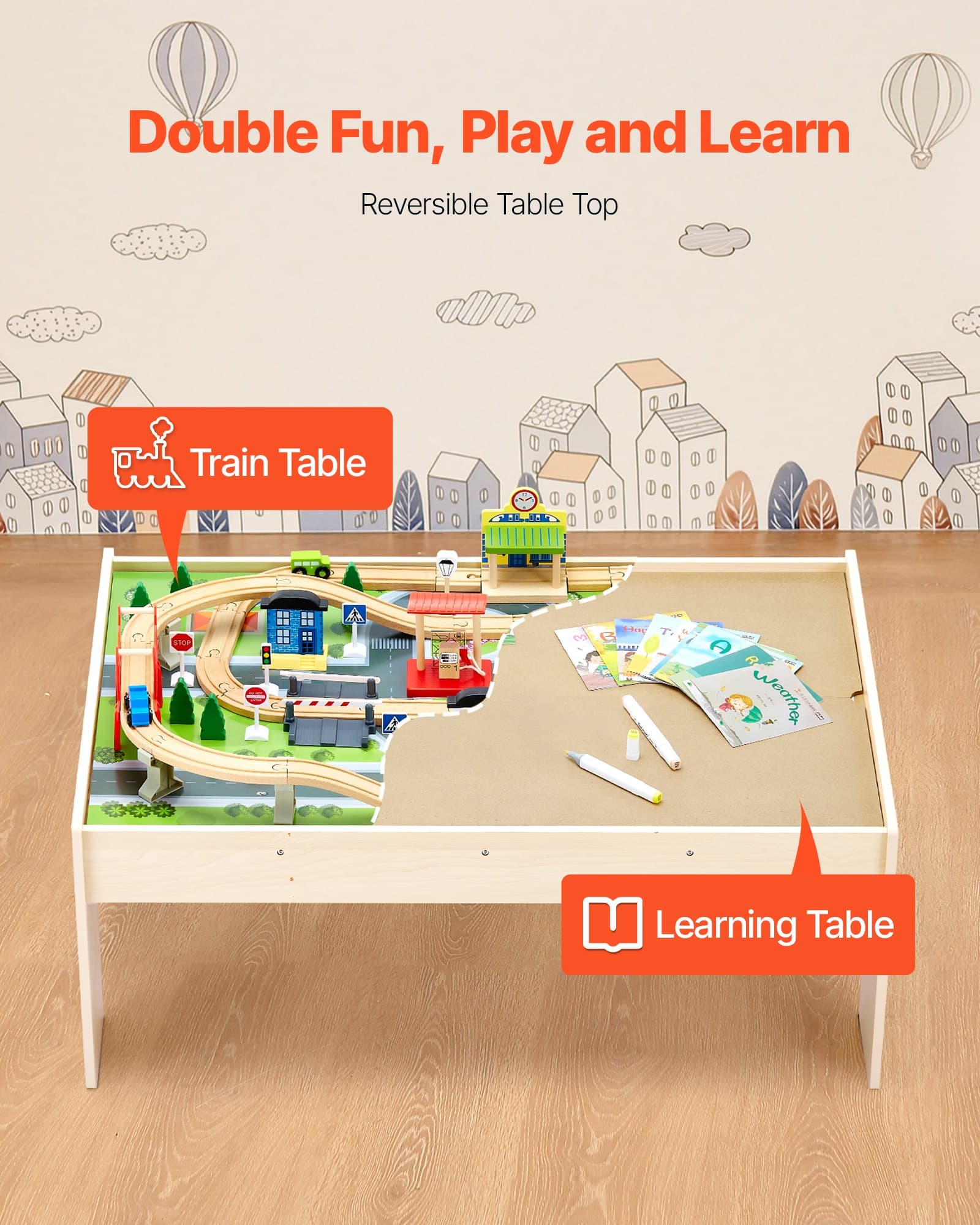 Table d'activité en bois, 84 pièces, set 3-en-1