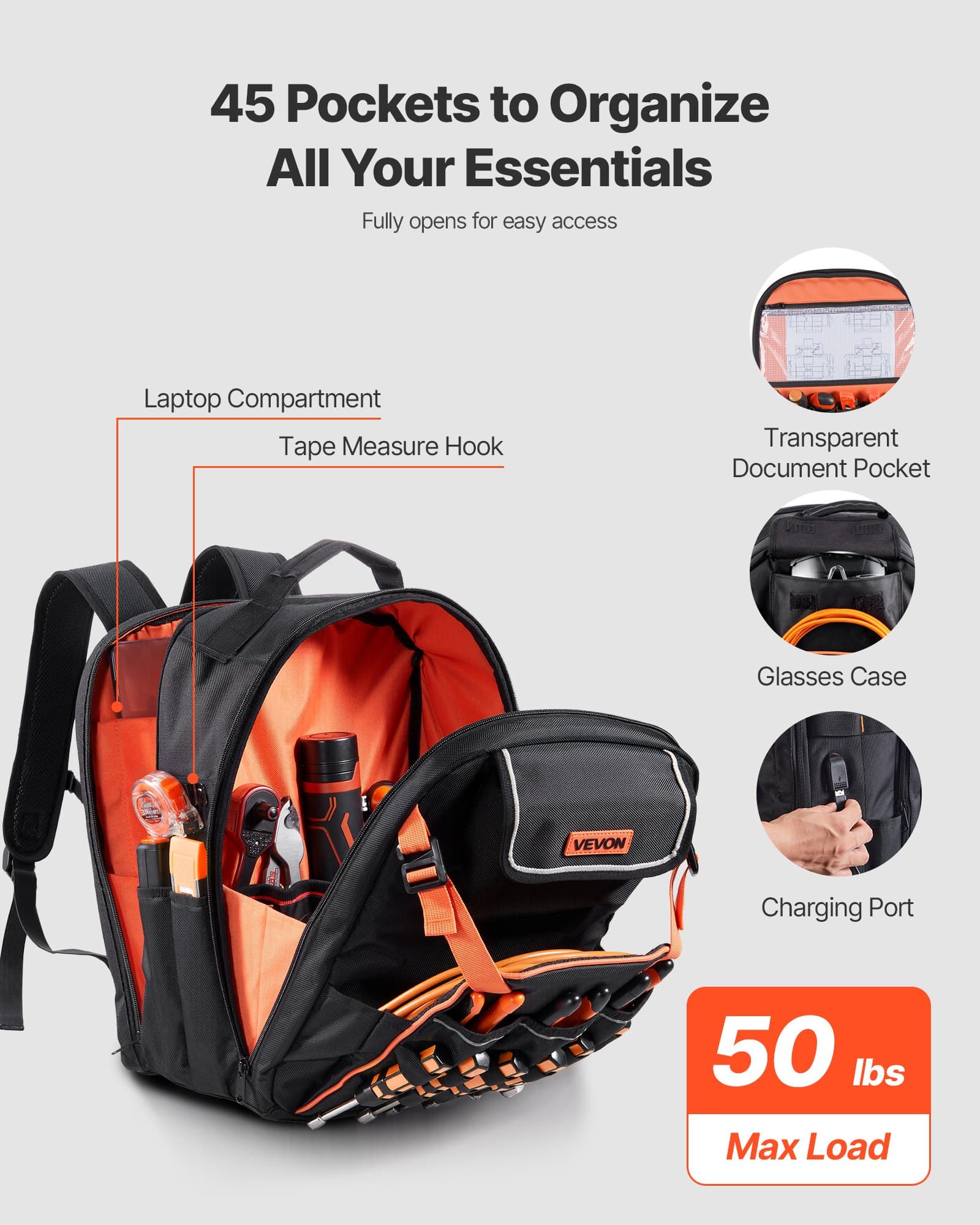 Werkzeugrucksack 45 Taschen Laptopfach