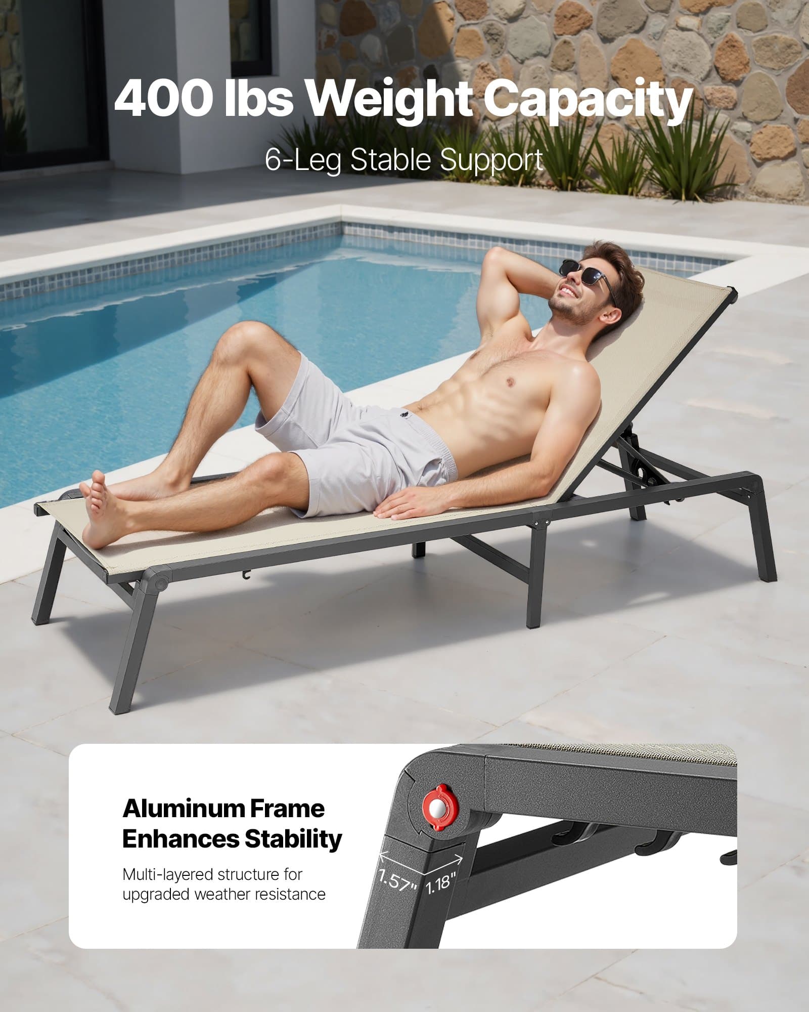Chaise longue pliable en aluminium, dossier 5 positions