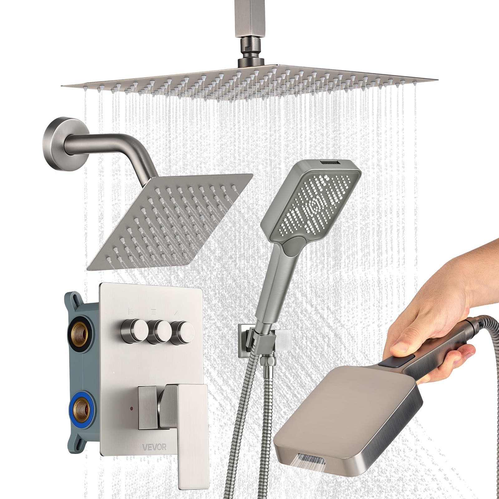 Duschsystem-Set mit Regenduschkopf und Handbrause, gebürstet