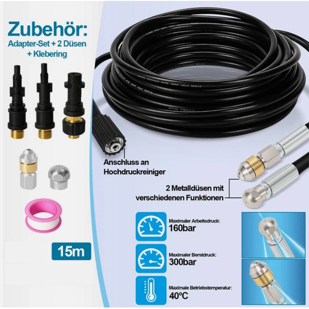 Support pan European shipping--15m High Pressure Washer Pipe Cleaning Kit, 160Bar Power With Push & Spin Nozzles, Fits Karcher K2 K3 K4 K5 K7, For Dra