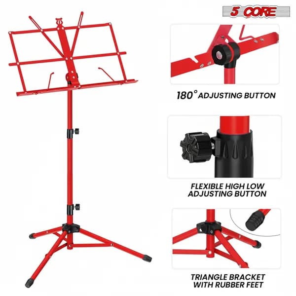 Support de musique 5 Core réglable, support de bureau pour livres portable, support de partition en métal entièrement pliable - MUS FLD ROUGE