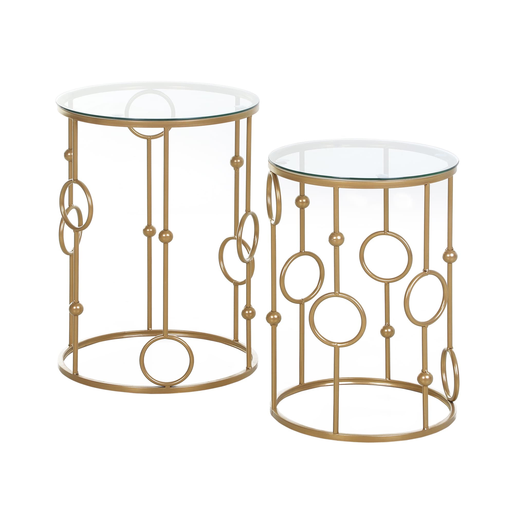 2er-Set Couchtische, Glasplatte, Reifen- und Kugeldesign, Gold