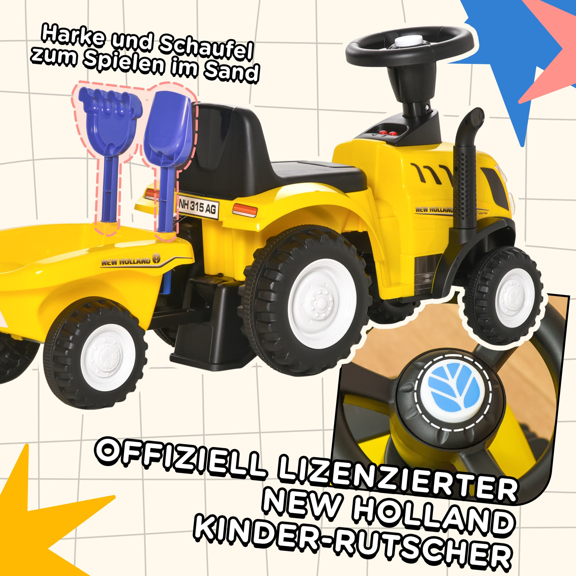 Tracteur glisseur jaune avec remorque et klaxon