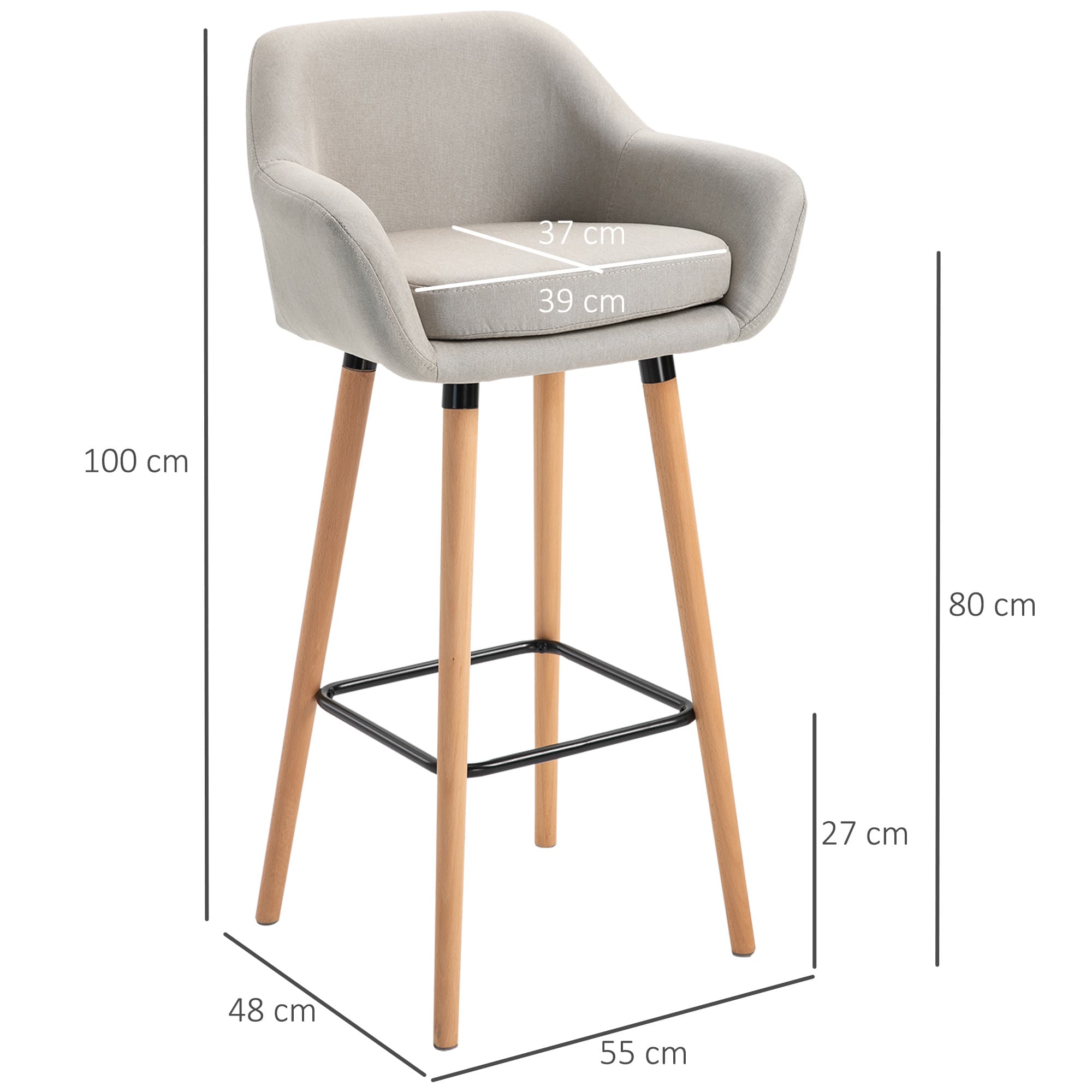 Barhocker-Set aus Massivholz mit Fußstütze, 2 Stück, Beige