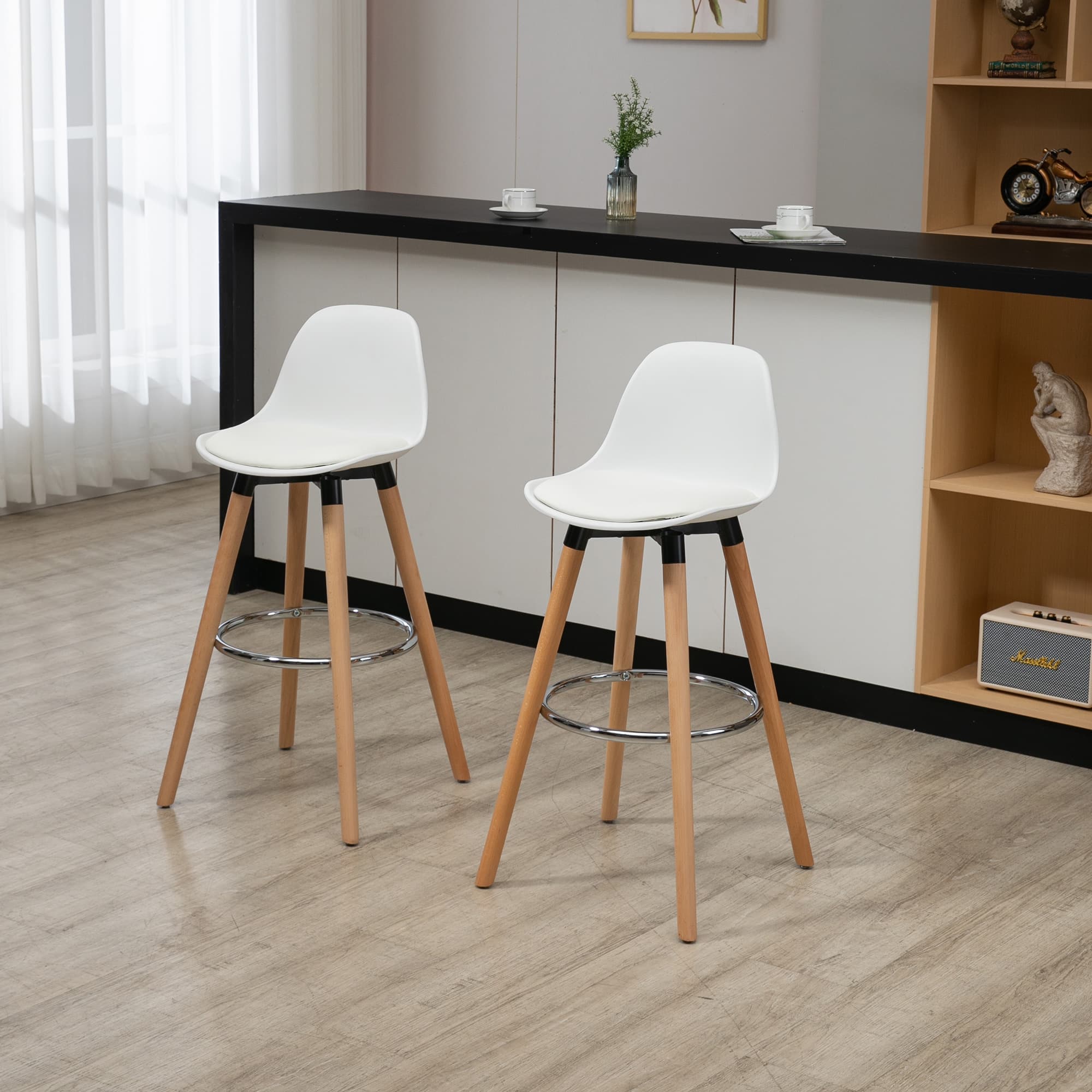 2er-Set Barhocker Skandi-Design, Fußstütze, Natur + Weiß