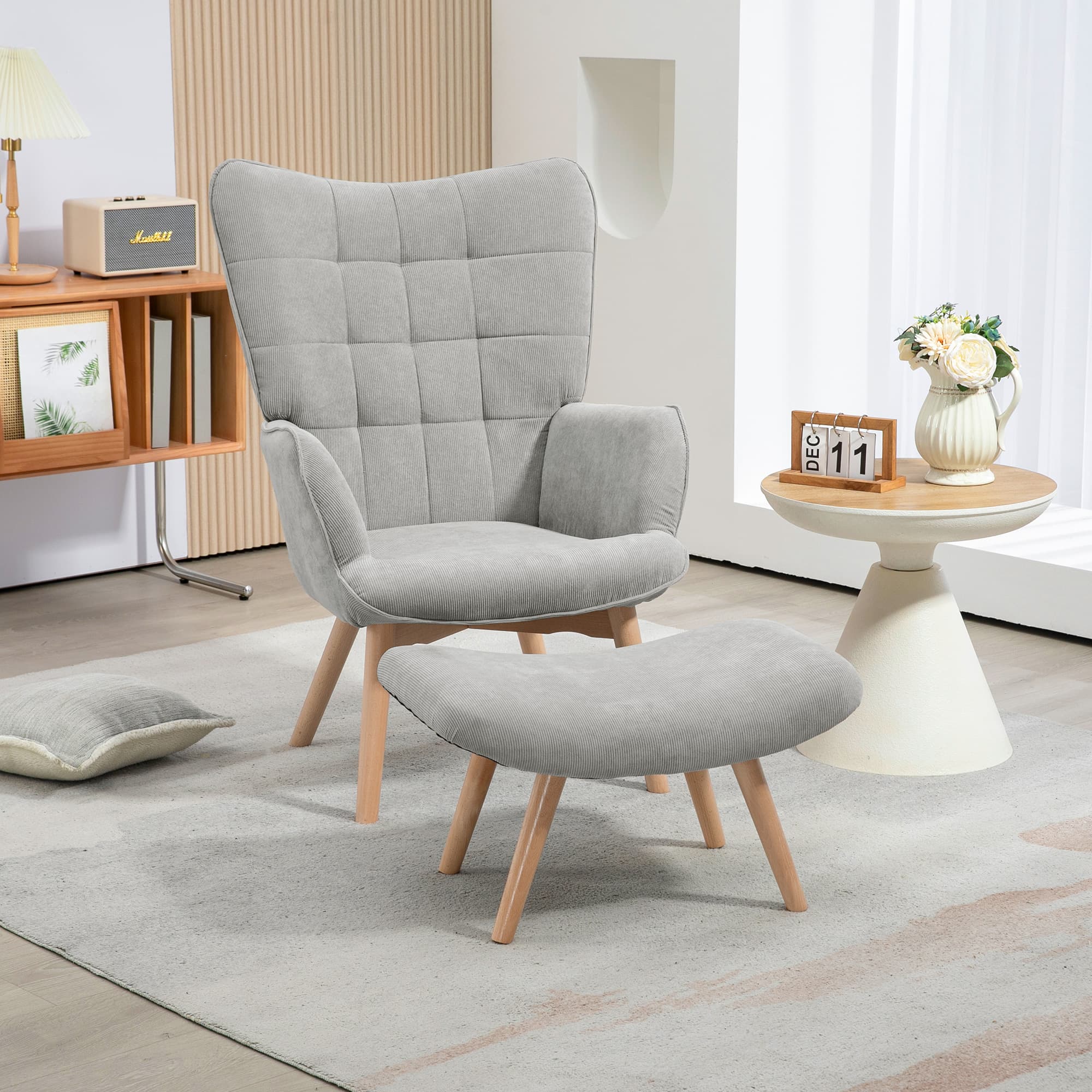 Akzentsessel mit Hocker Cord-Optik, grau