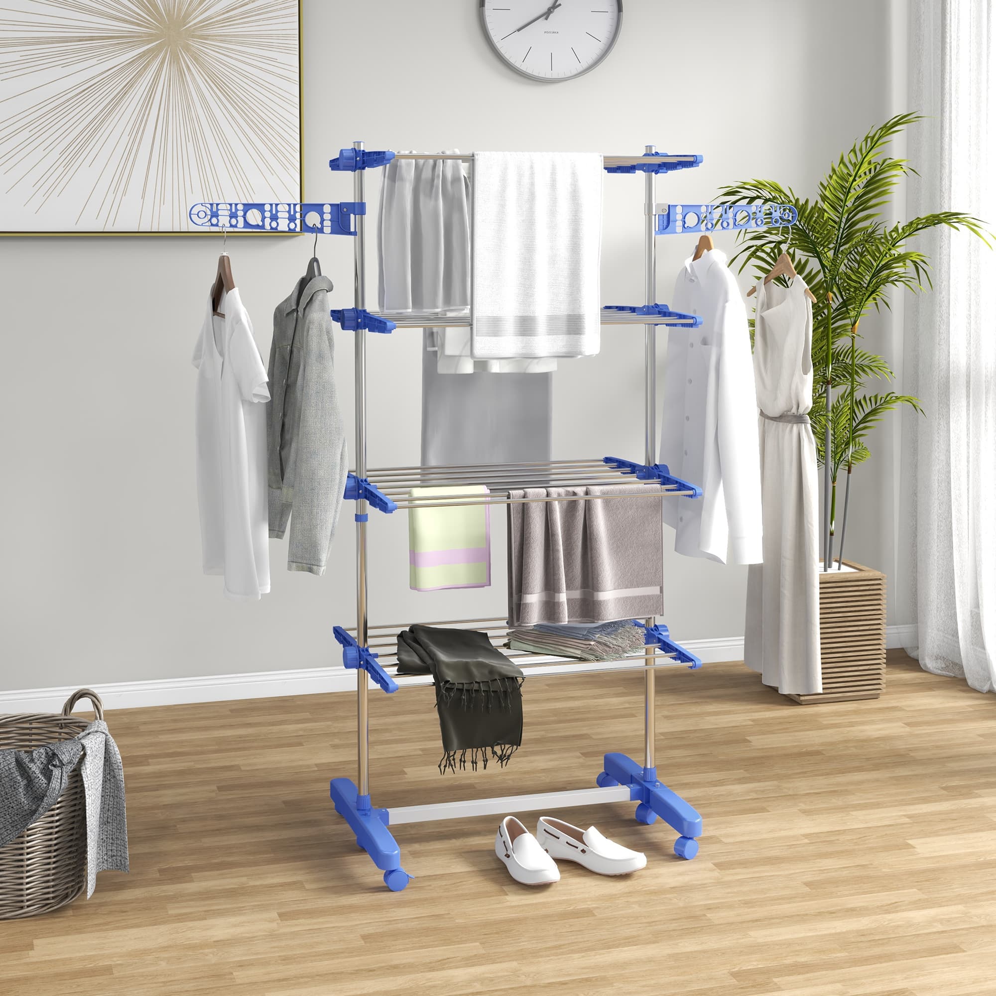 Klappbarer Wäscheständer mit 5 Ebenen, blau-silber