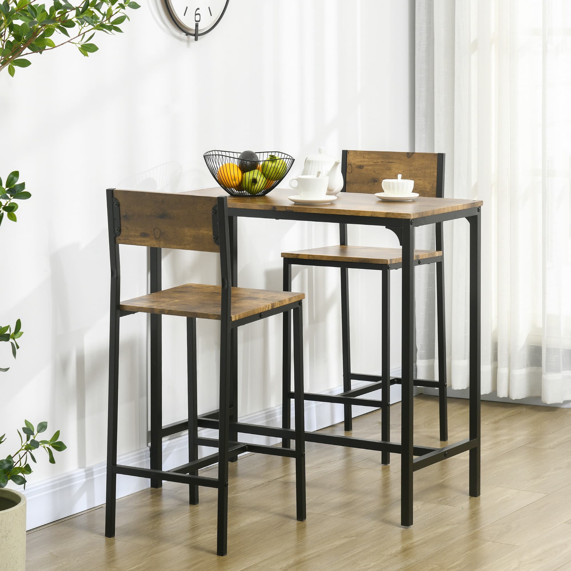 3-teiliges Bar-Set mit Stehtisch und 2 Stühlen, Braun