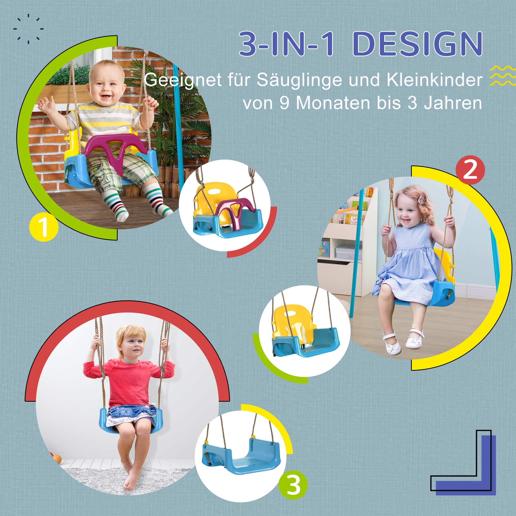 3-in-1 Kinderschaukel höhenverstellbar mit abnehmbarer Rückenlehne