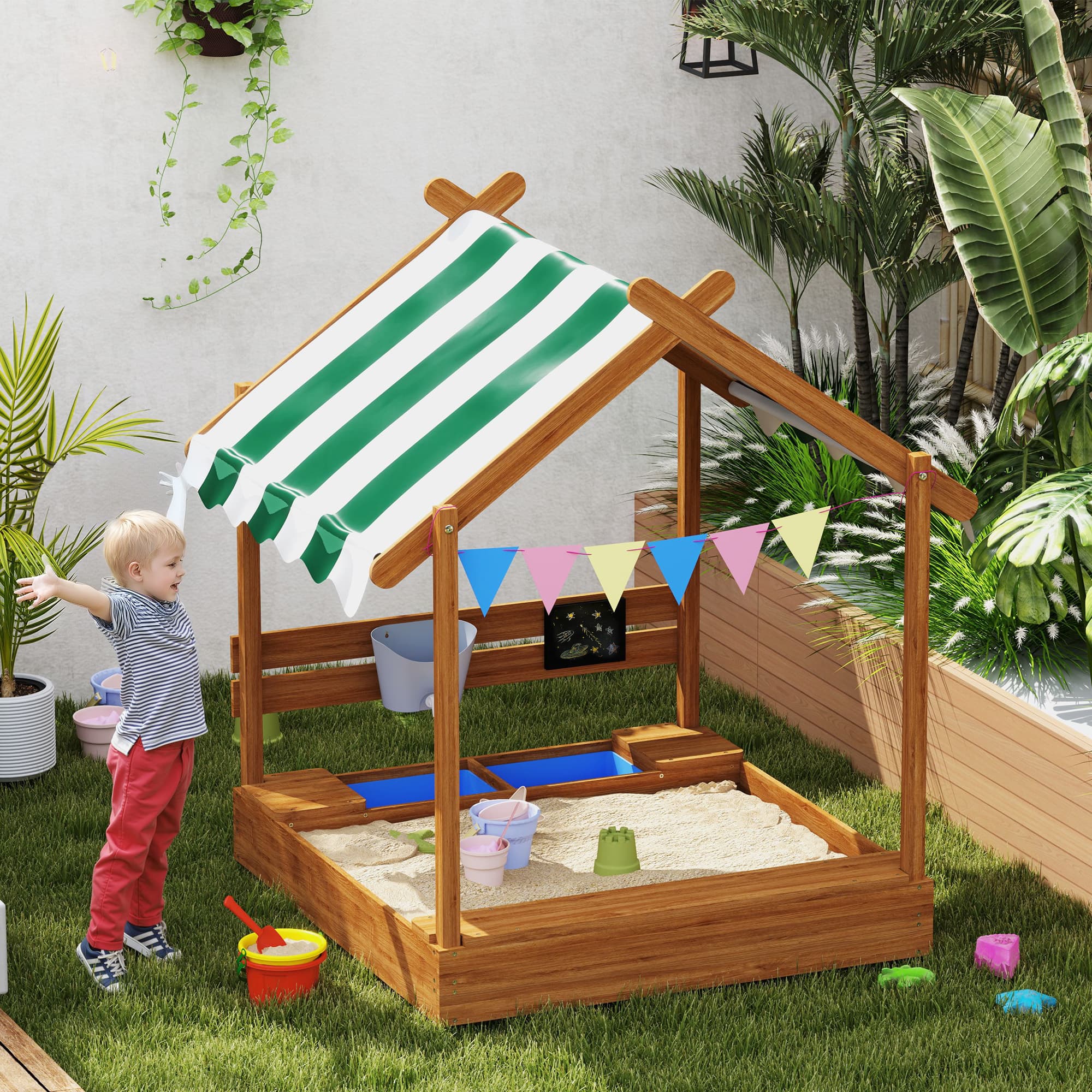 Bac à sable avec parasol, design maisonnette, bois massif, 124 x 116 x 146 cm
