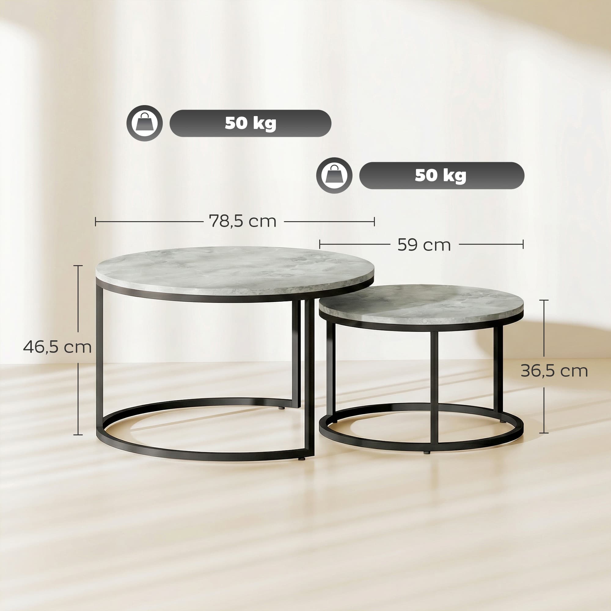 Moderner Couchtisch 2er-Set, stapelbar, Metallgestell, grau