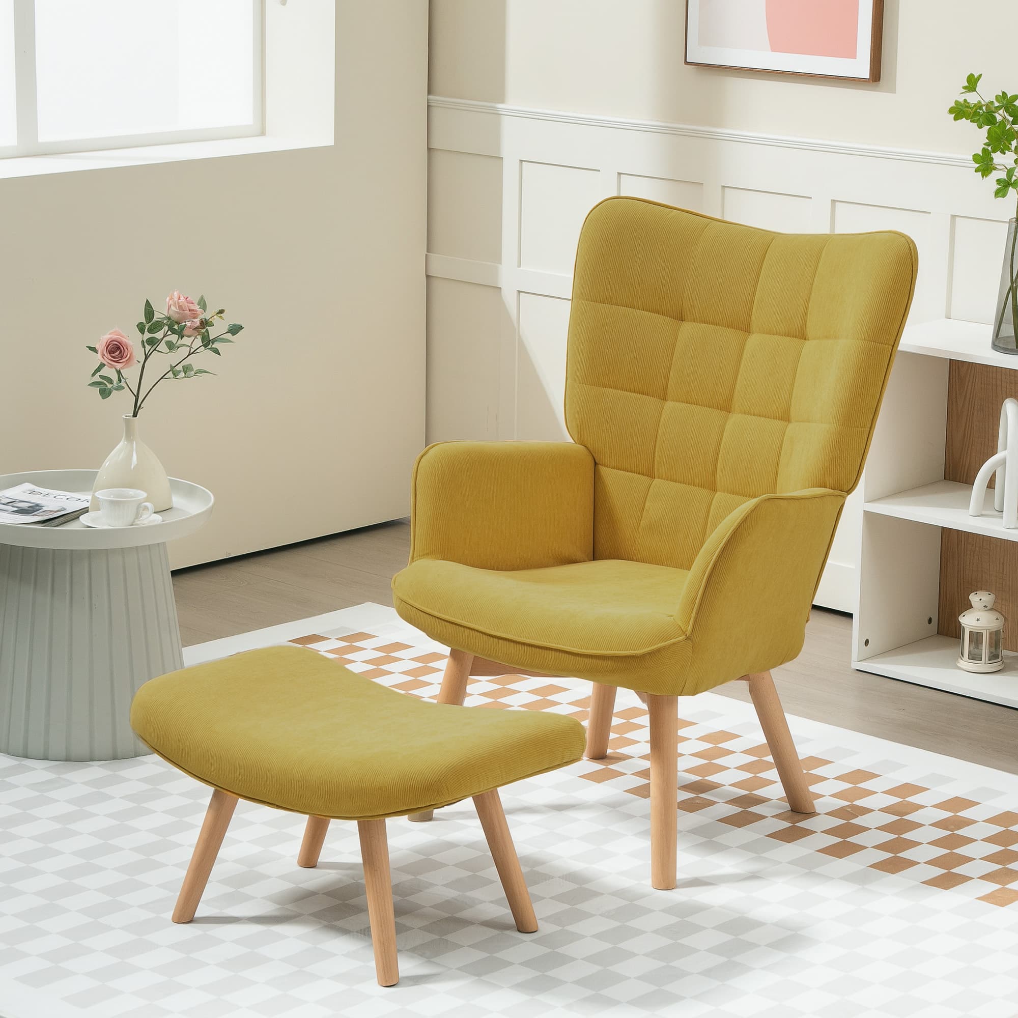 Akzentsessel mit Hocker Cord-Optik, orange
