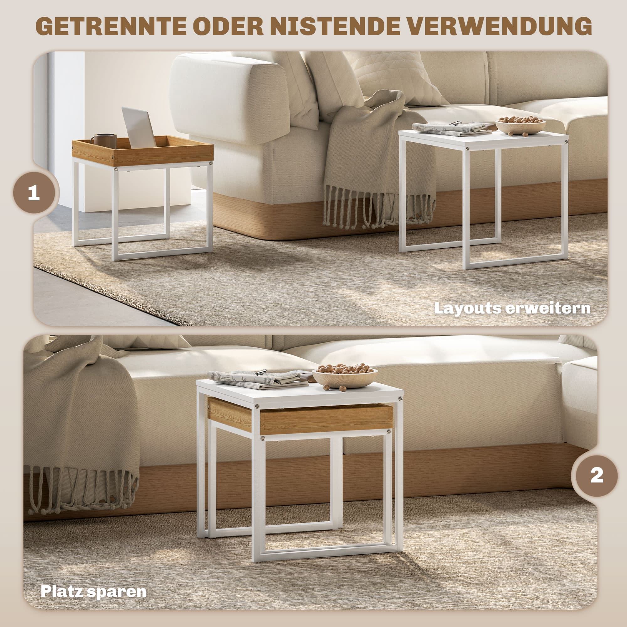 Moderner Couchtisch, 2er-Set, quadratisch, MDF, Metall, Weiß