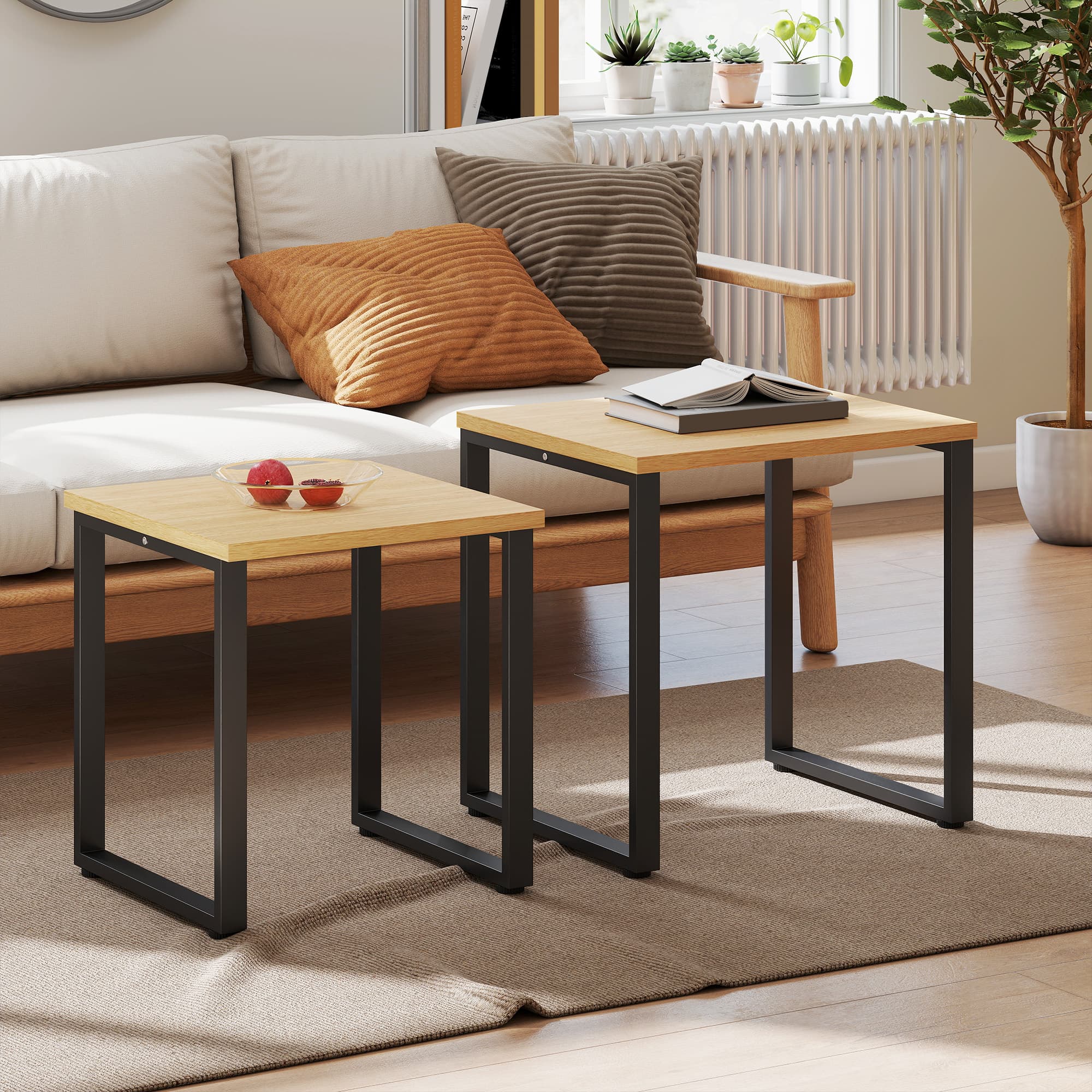 Couchtisch 2er Set mit Metallrahmen, Naturholz-Optik
