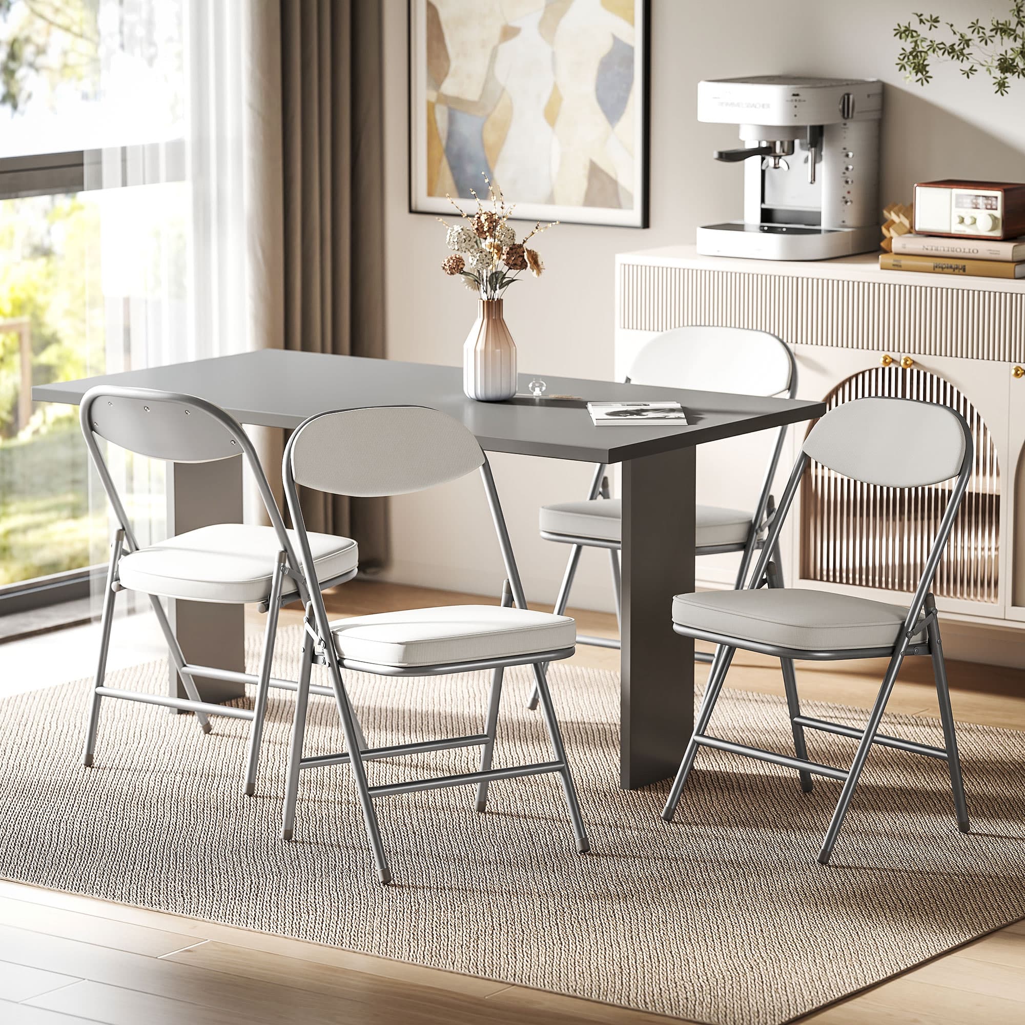 4er-Set gepolsterte Klappstühle mit Cordbezug, cremeweiß