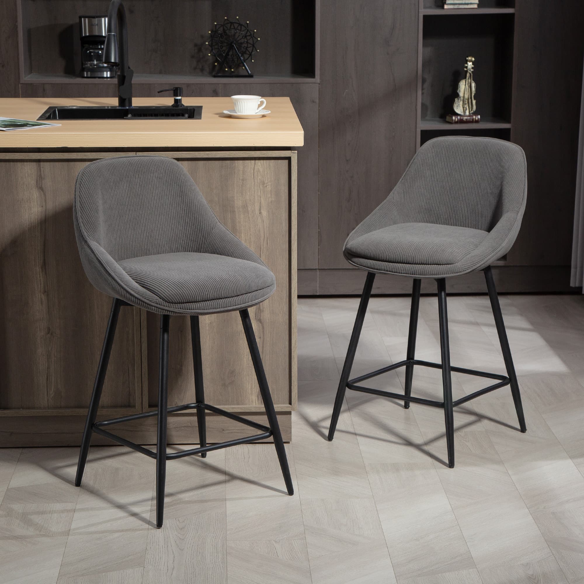 2er-Set Barstühle mit Cordbezug und Stahlbeinen, Grau