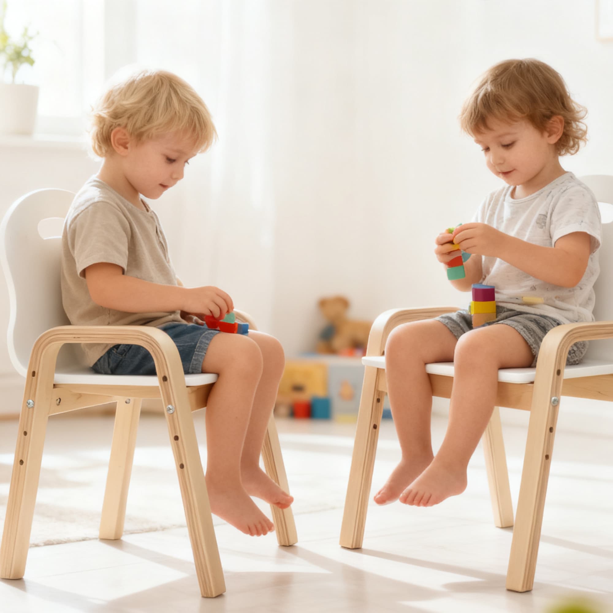 Kinderstuhl-Set aus Holz, höhenverstellbar, weiß
