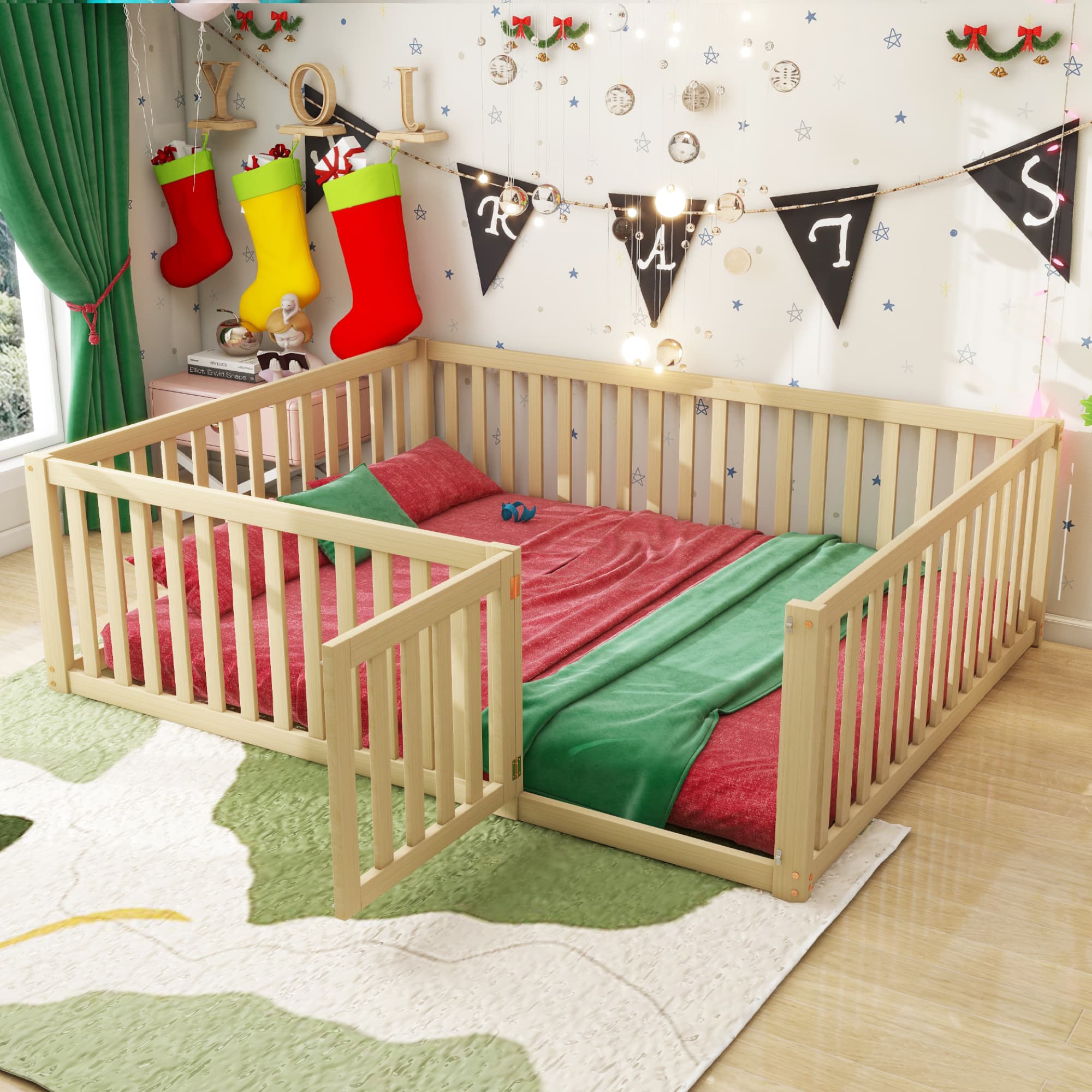 Kinderbett 140 x 200 aus Holz mit Gitter und Tür