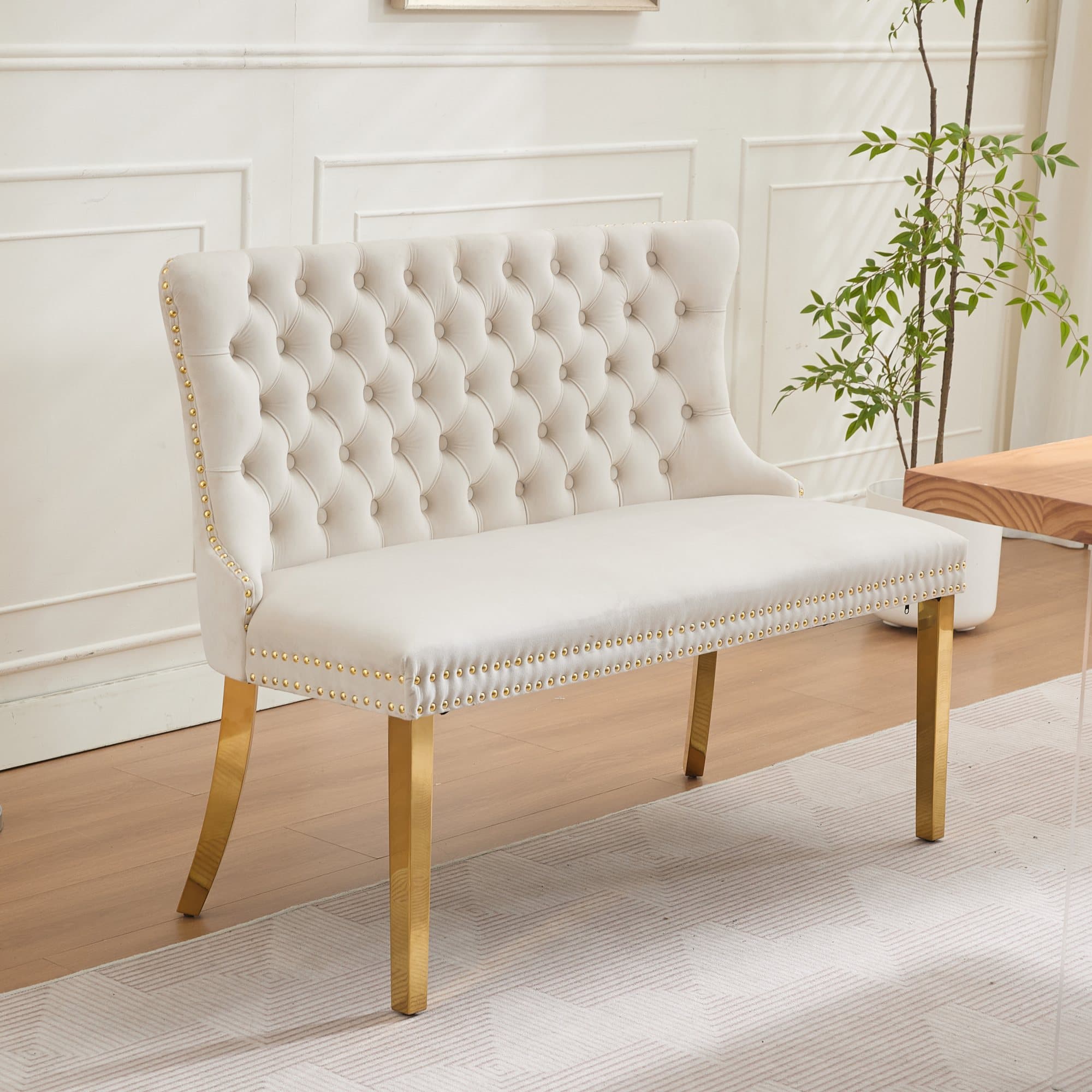 Samt Sitzbank Zweisitzer Goldbeine beige
