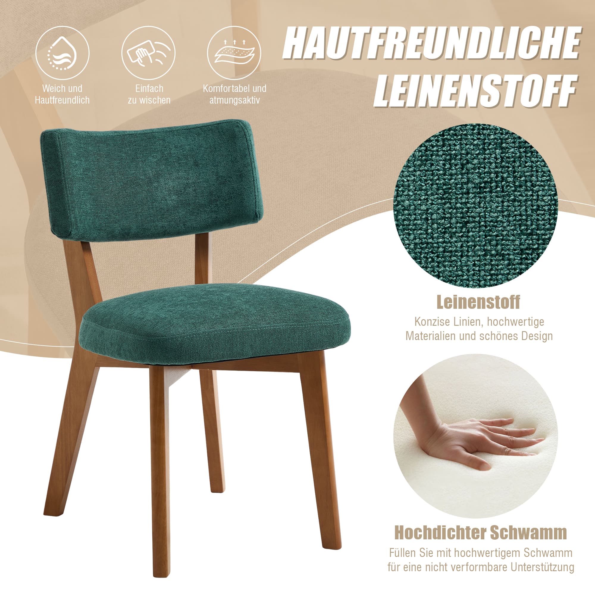 Esszimmerstuhl 2er-Set Holzbeine grüner Leinenstoff