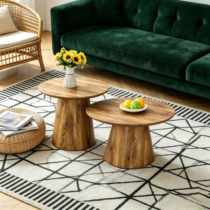 Couchtisch-Set Holzoptik mit zwei runden Beistelltischen
