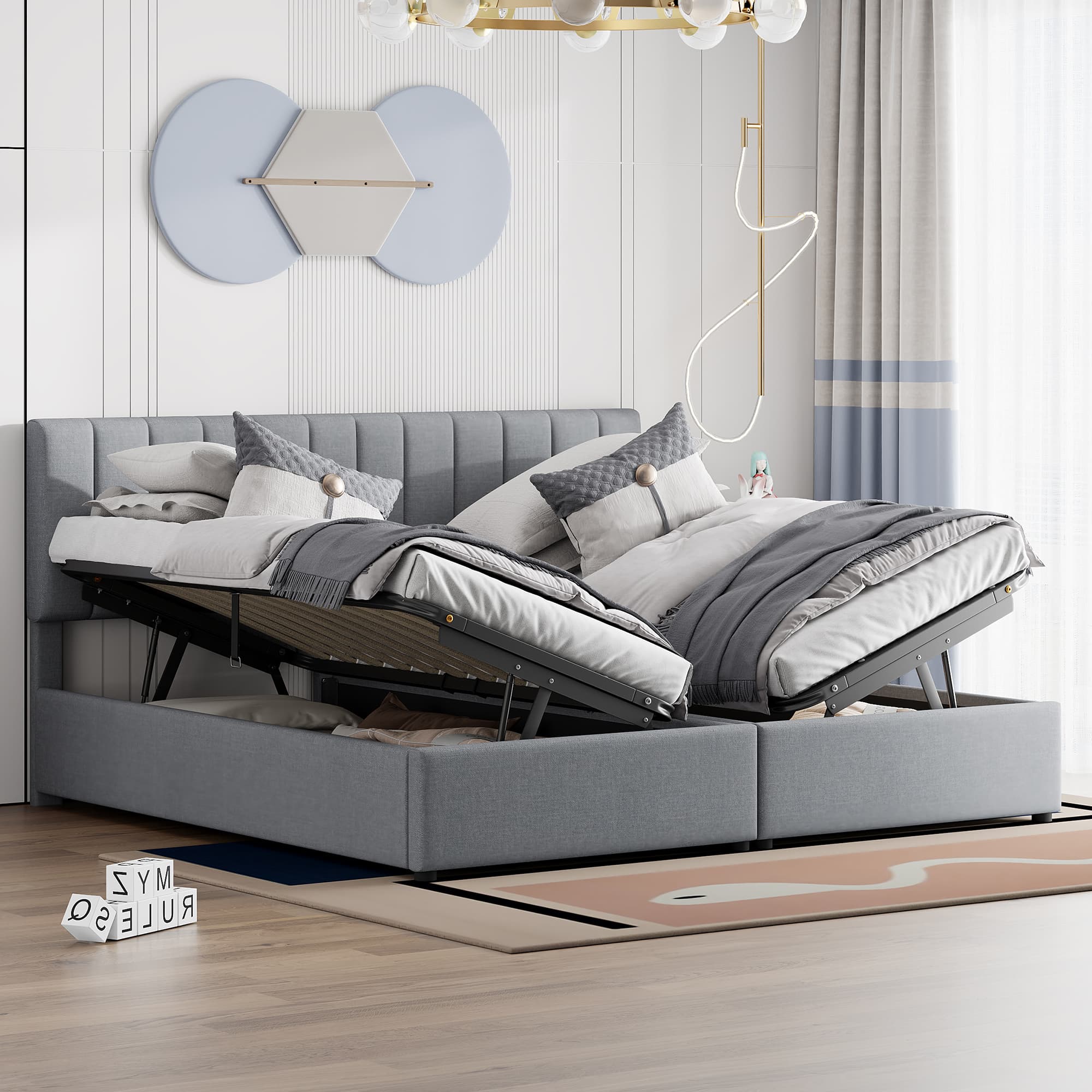 Gepolstertes Doppelbett 180x200 cm Hydraulikstauraum Grau