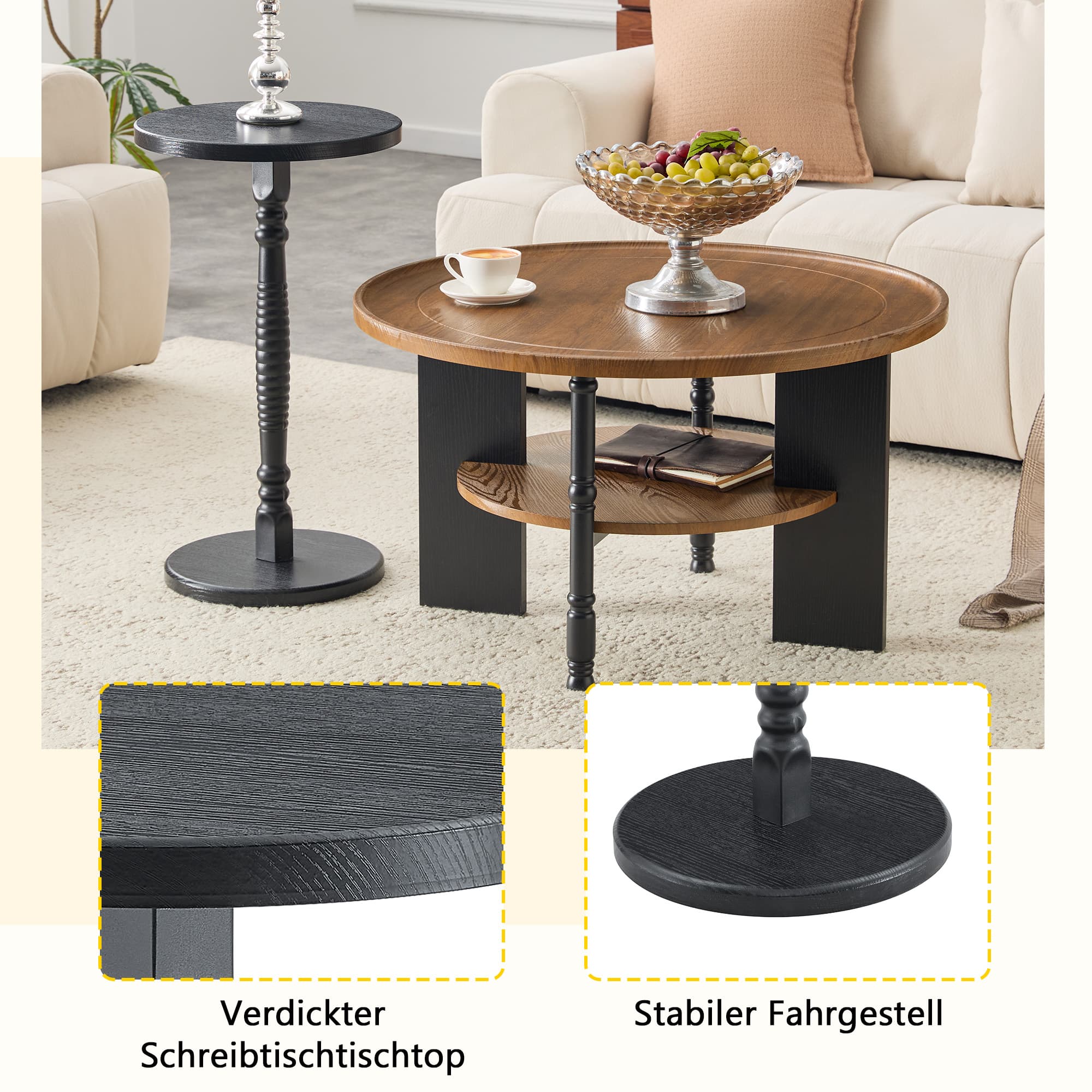 Round coffee and side table set of two pieces