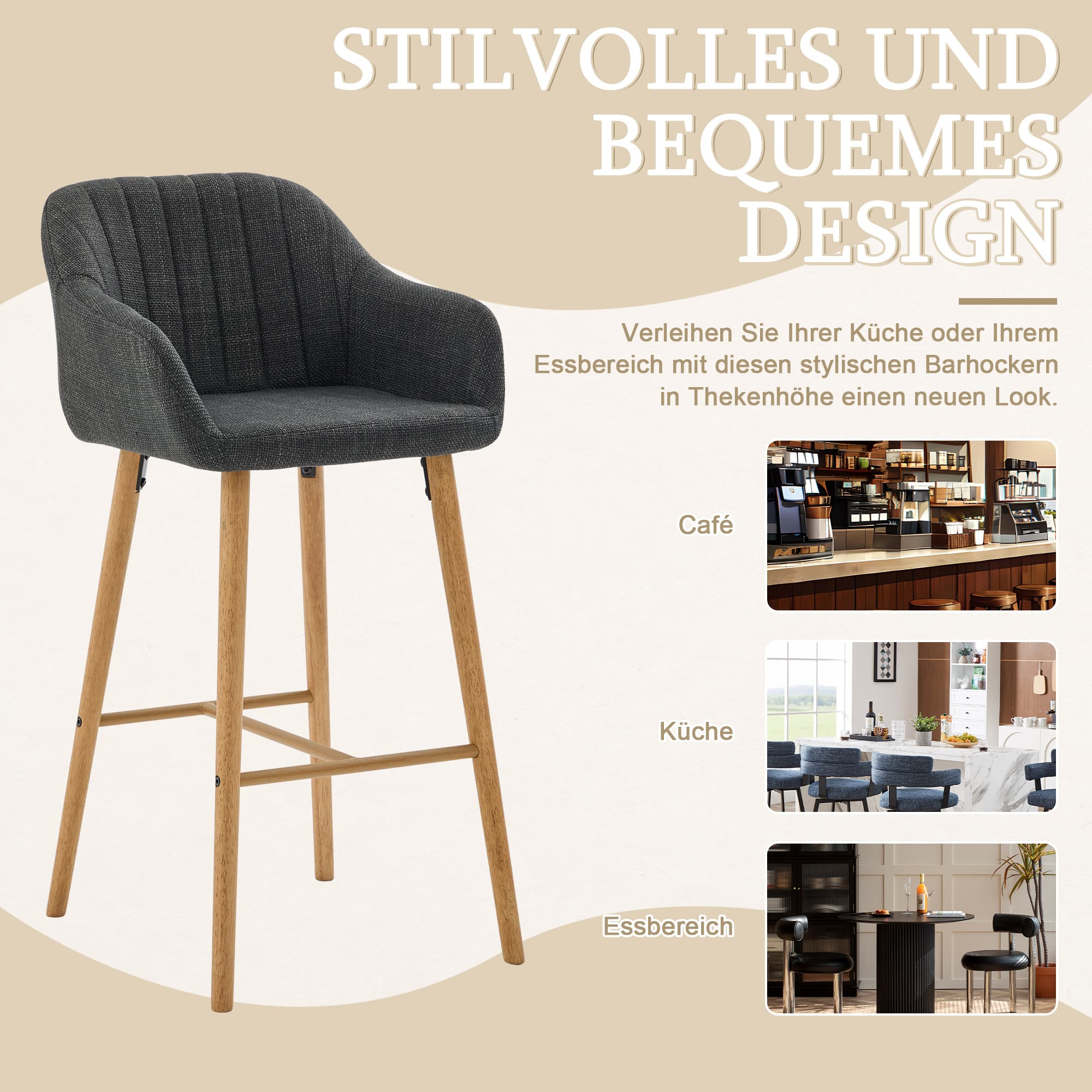 Taburete de bar moderno respaldo alto brazos lino negro pack 2
