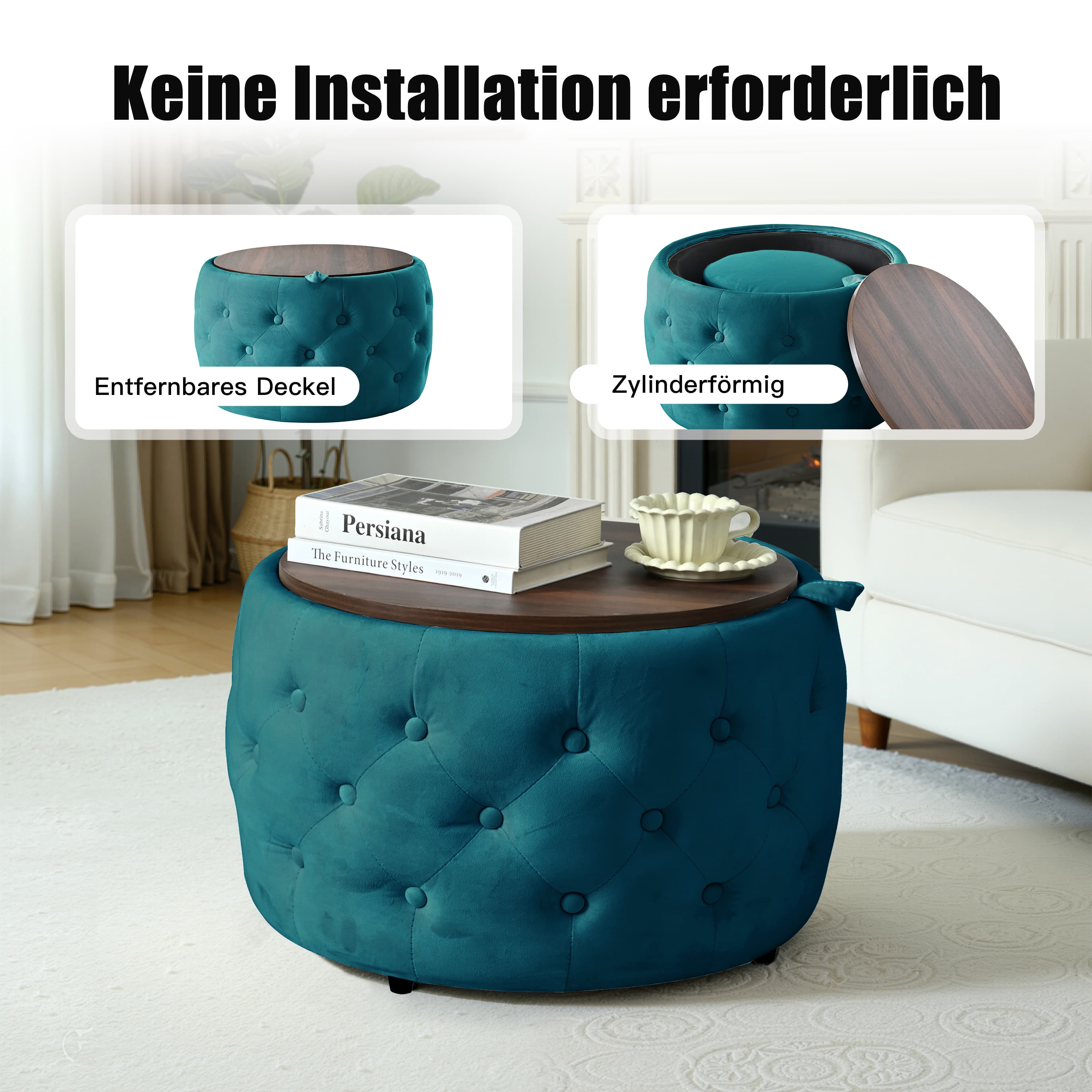 Set aus 2 Samt-Hockern mit Stauraum und Holzregal
