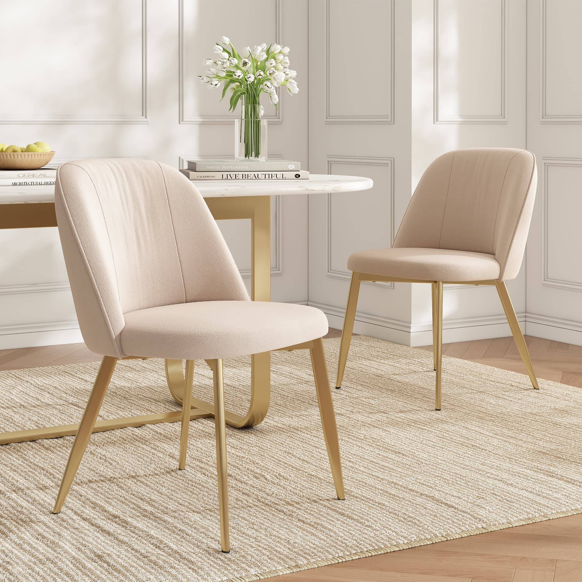 6er Set Esszimmerstühle Samt Beige Gold