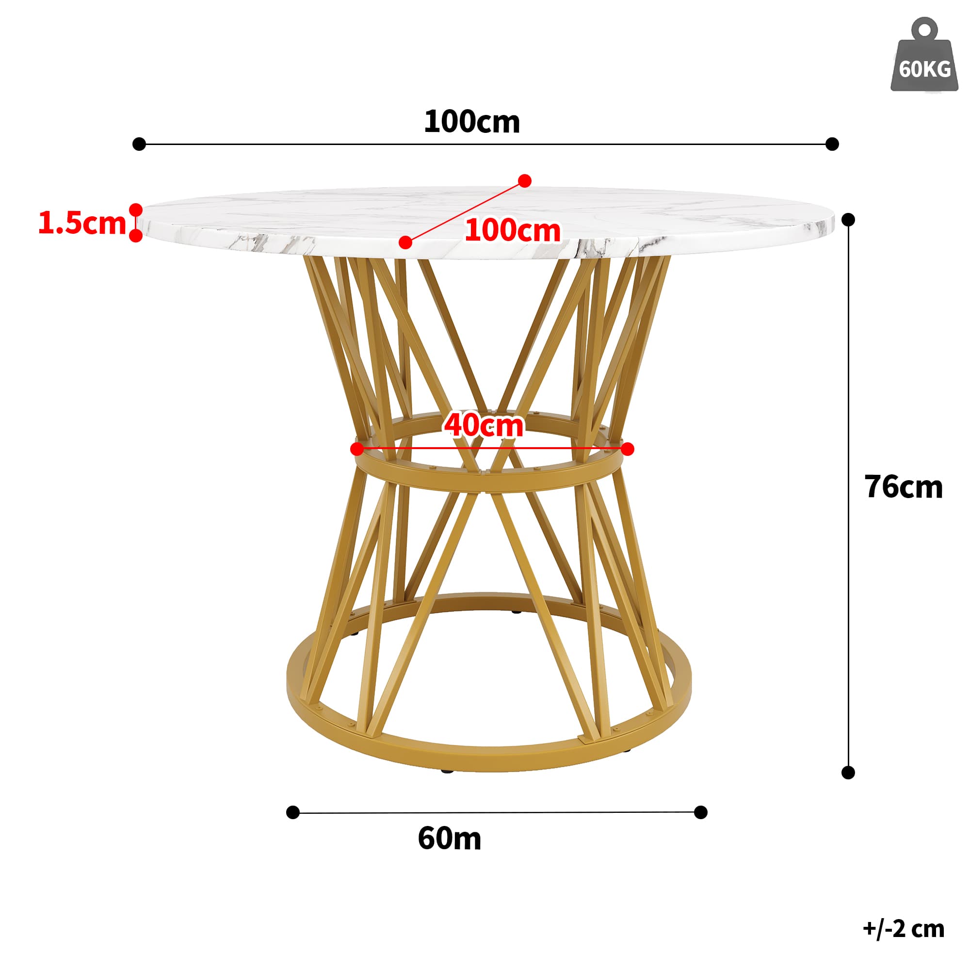 Runder Esstisch 100 cm Marmor-Optik goldene Beine