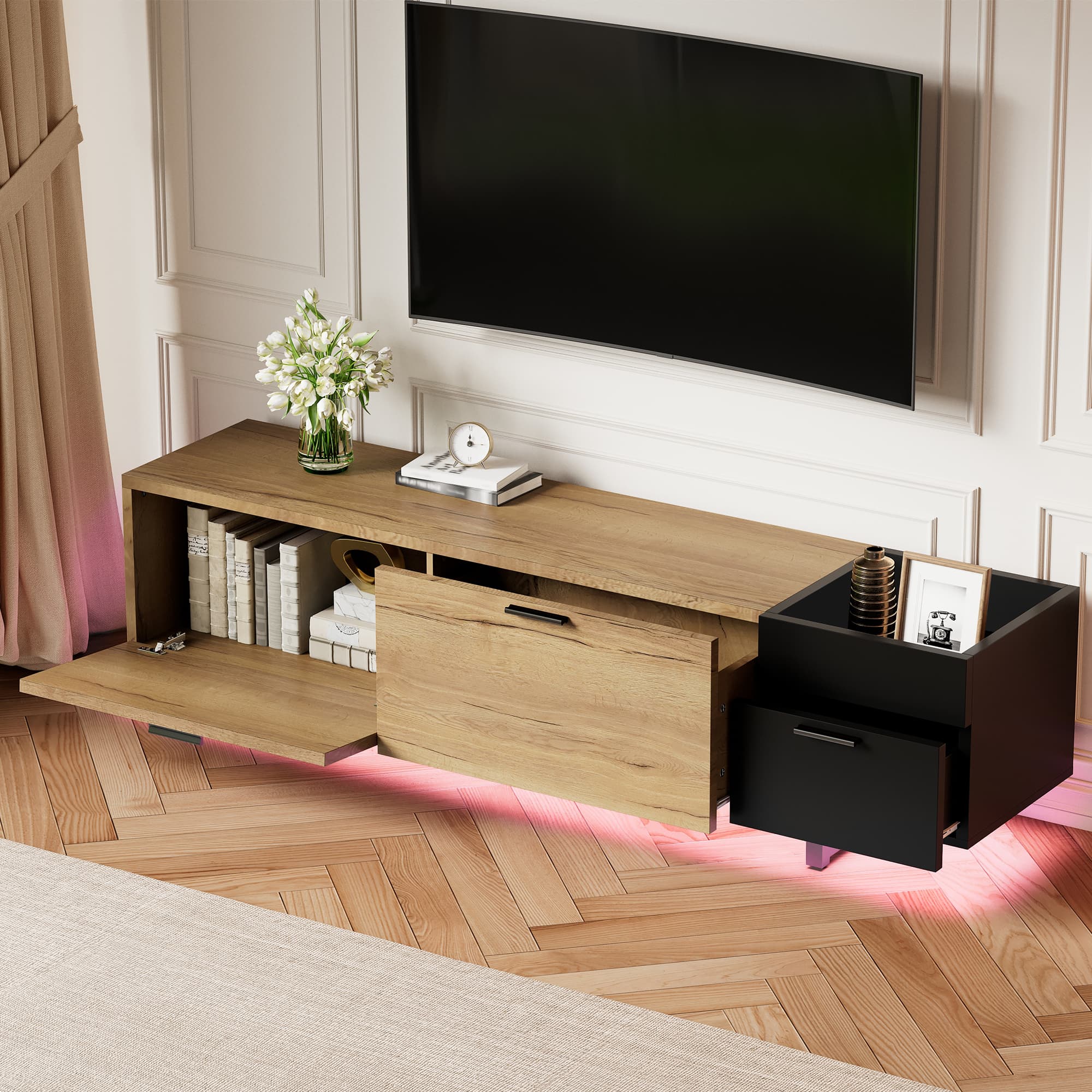 TV-Schrank Naturholz mit schwarzen Akzenten