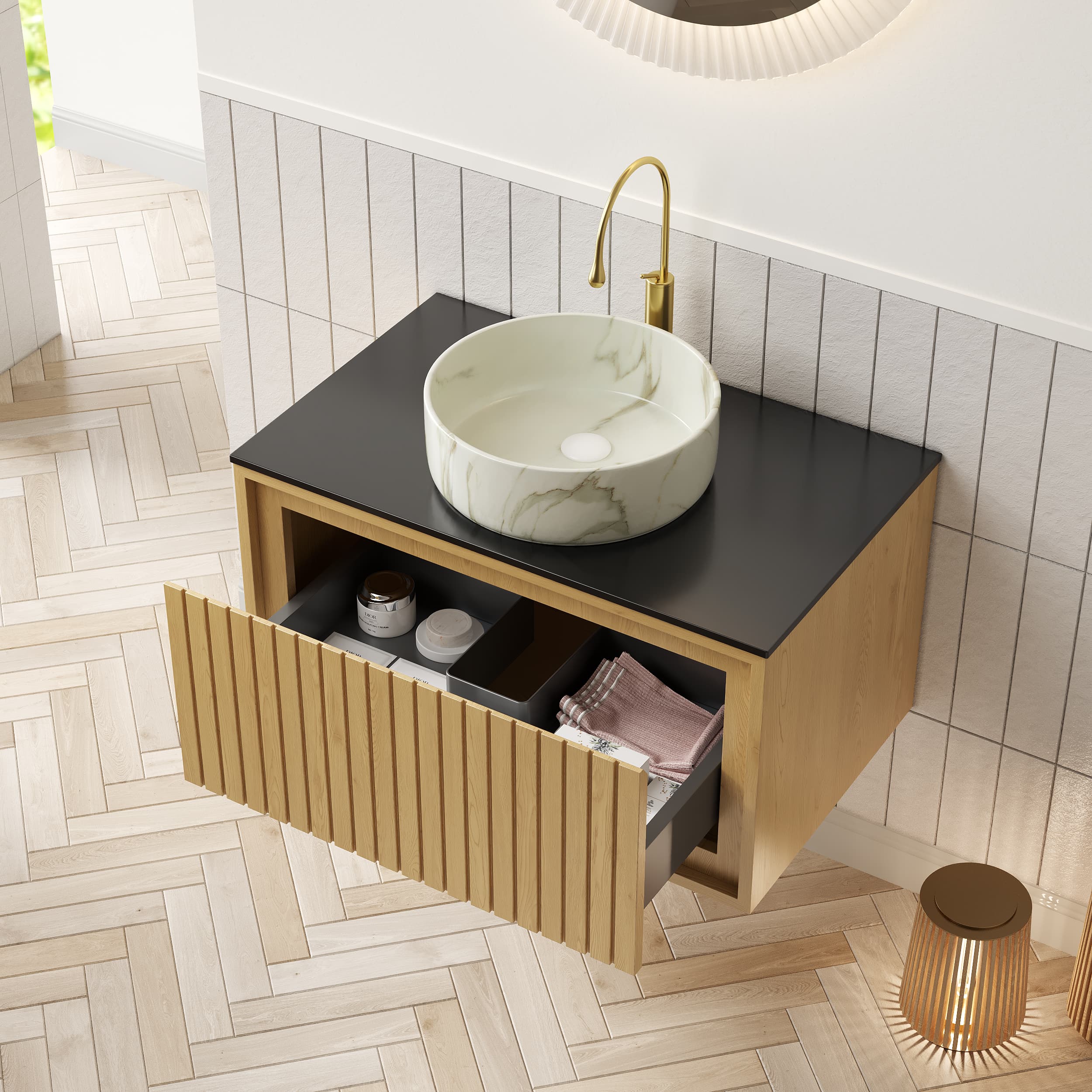 Hängendes Waschbecken 61 cm mit Unterschrank, Eiche